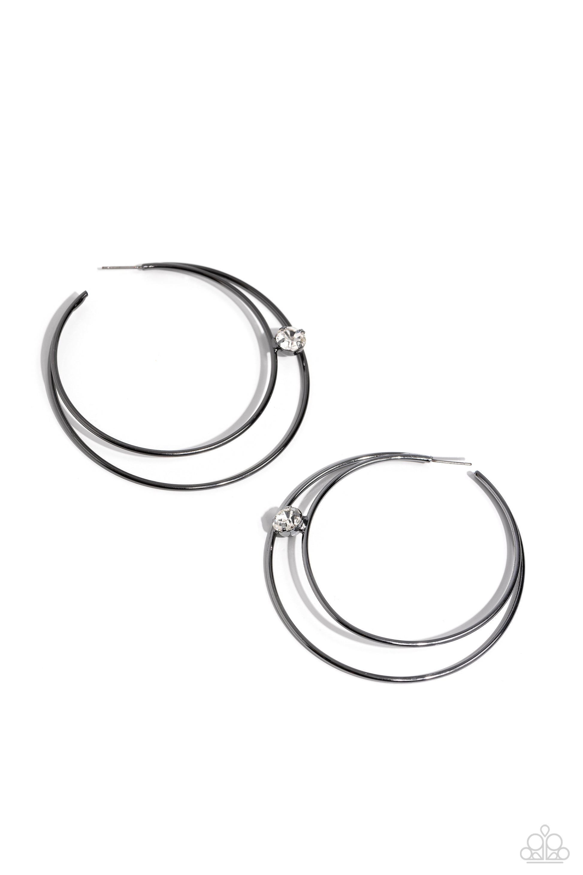 Paparazzi Accessories - Theater Hoop - Black Hoop Earrings lodged between two dainty gunmetal crescent frames that curve into double hoops, a faceted white rhinestone rests for a delicate shimmer near the ear. Earring attaches to a standard post fitting. Hoop measures approximately 2" in diameter. Sold as one pair of hoop earrings.