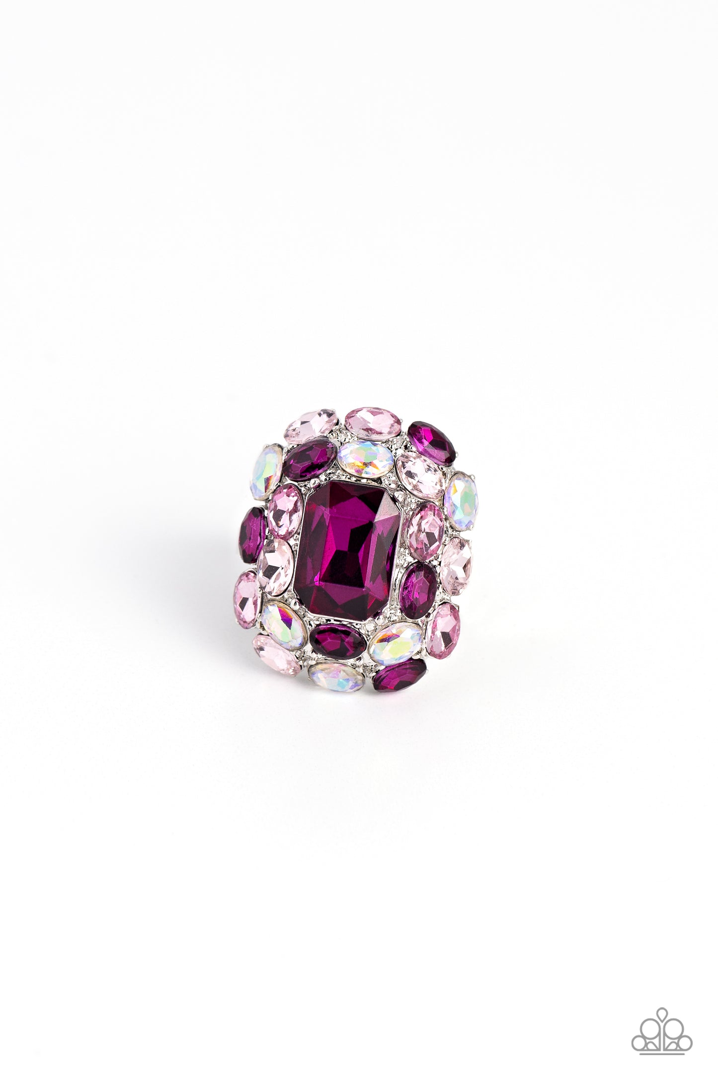 Paparazzi Accessories - Perfectly Park Avenue - Pink Rings faceted radiant-cut fuchsia gem is pressed into an elaborate silver frame filled with blinding oval-cut gems in varying shades and opacities of pink gems for a dynamically colorful statement atop the finger. Features a stretchy band for a flexible fit. Due to its prismatic palette, color may vary. Sold as one individual ring.