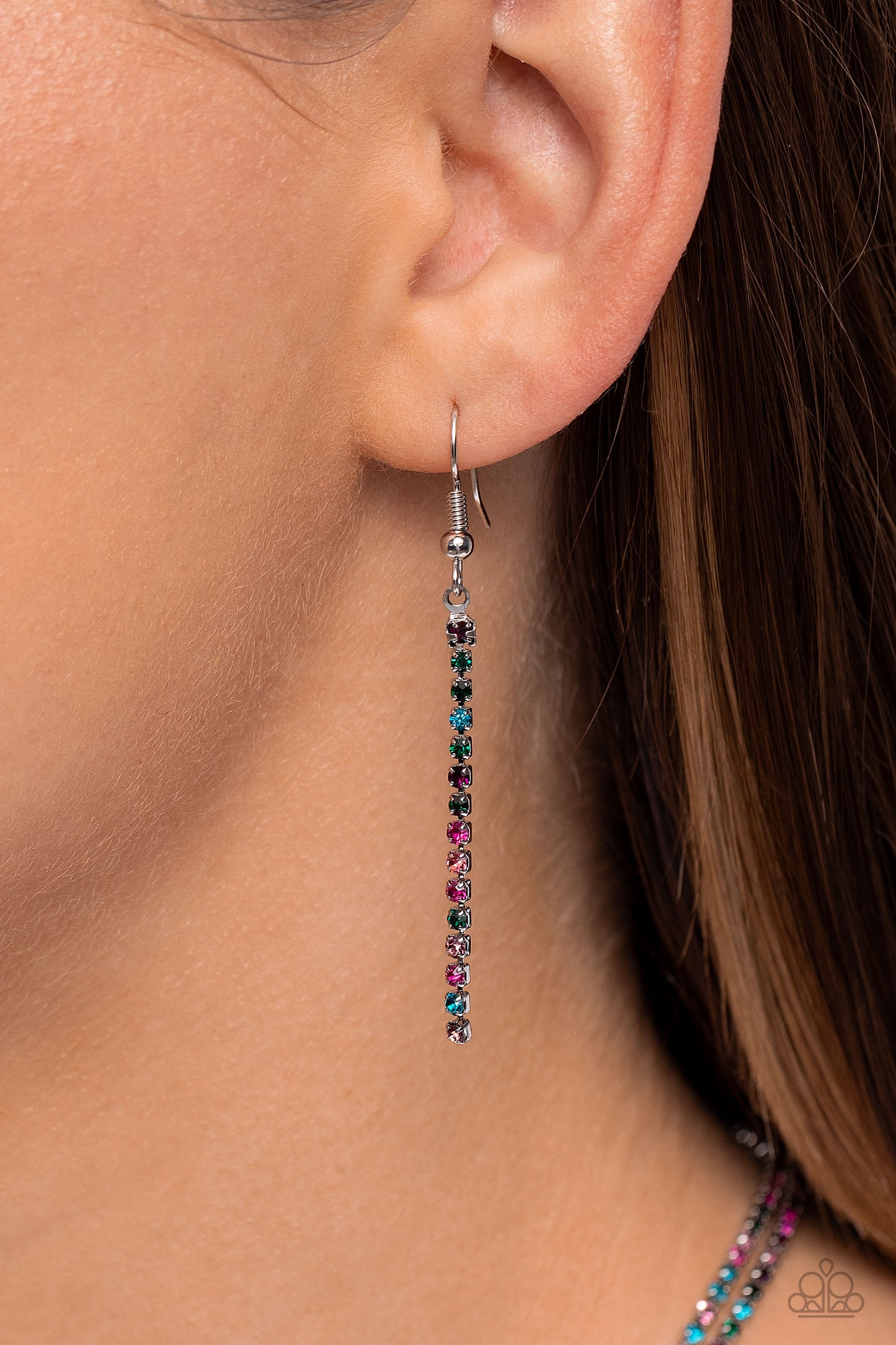 Paparazzi Accessories - Jazz Strands - Multi Necklaces featuring sleek square fittings, two strands of glittery, dainty multicolored rhinestones connect down the chest for a refined centerpiece. The interconnected rows delicately give way to freefalling multicolored layers, creating additional strands of glitzy movement. Features an adjustable clasp closure. Sold as one individual necklace. Includes one pair of matching earrings.