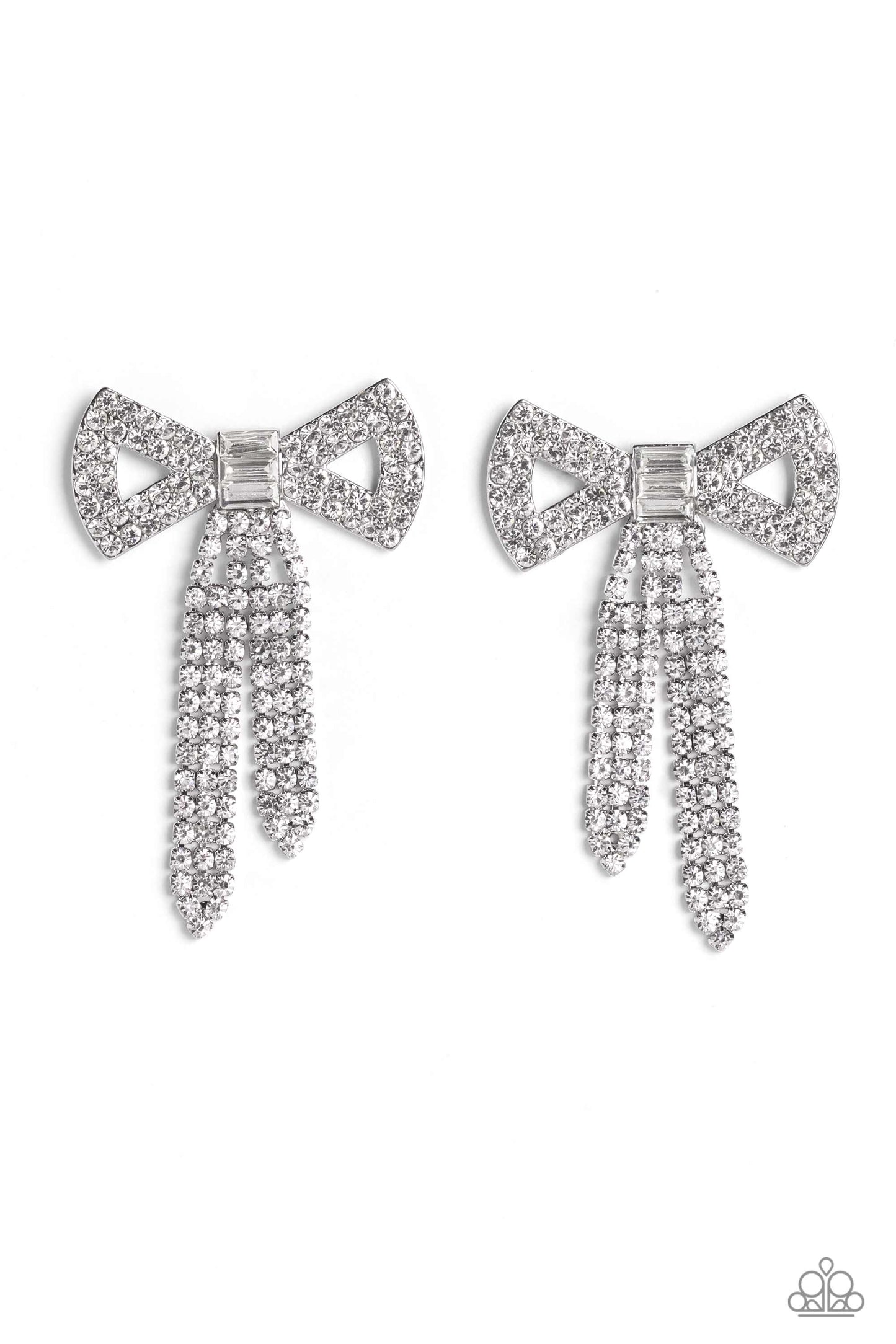 Paparazzi Accessories - Just BOW With It - White Earrings featuring silver square fittings, high-sheen bands of silver, adorned in sparkling white rhinestones loop into a stunning bow charm, creating a classy statement at the ear. Featured in the center of the classy design, a trio of emerald-cut white gems tie the bow together emitting further sheen and glitz. Earring attaches to a standard post fitting. Sold as one pair of post earrings.
