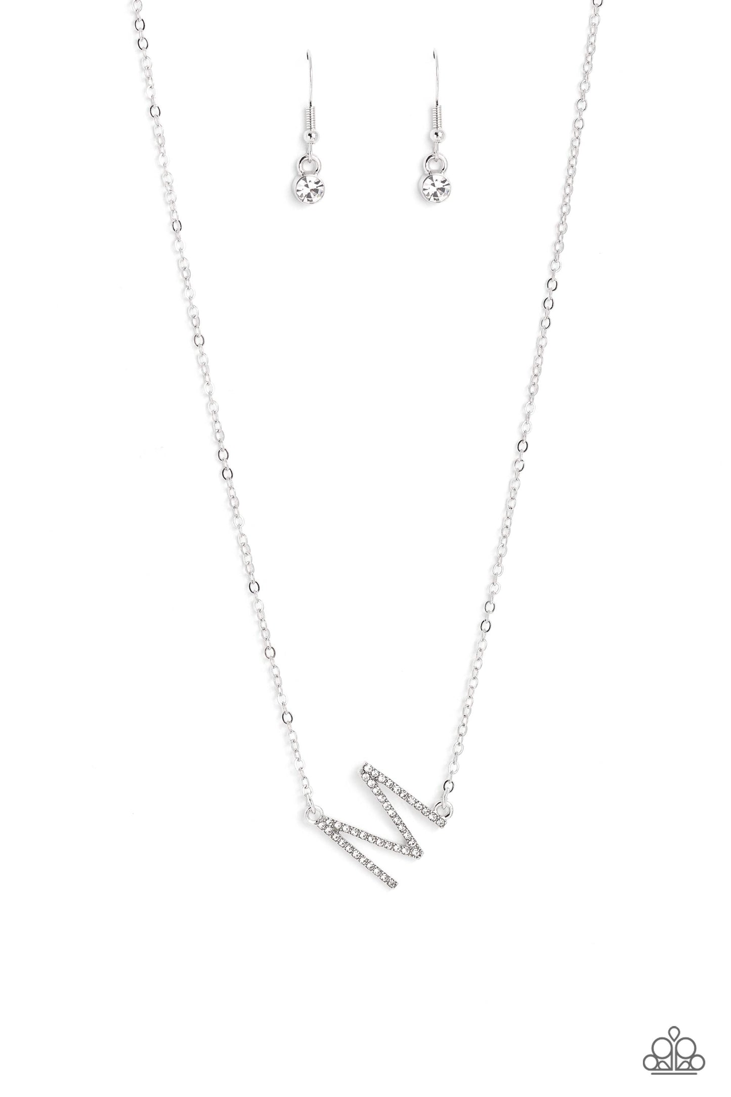 Paparazzi Accessories - Initially Yours - "M" White Necklaces embossed with dainty white rhinestones, a silver letter "M" hovers below the collar from a dainty silver chain, for a sentimentally simple design. Features an adjustable clasp closure. Sold as one individual necklace. Includes one pair of matching earrings.