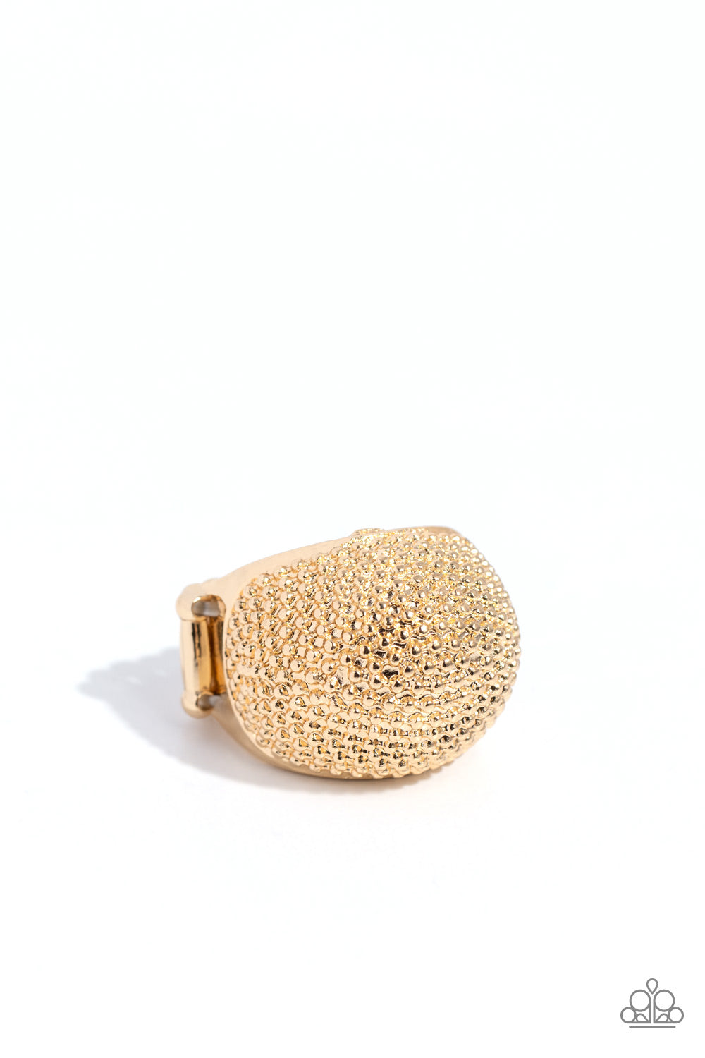 Paparazzi Accessories - Packed Up - Gold Rings dotting the surface of an extended gold frame, dainty gold studs seemingly pop off the finger, reflecting light off its every surface for an industrial finish. Features a stretchy band for a flexible fit. Featured inside The Preview at Made for More! Sold as one individual ring.