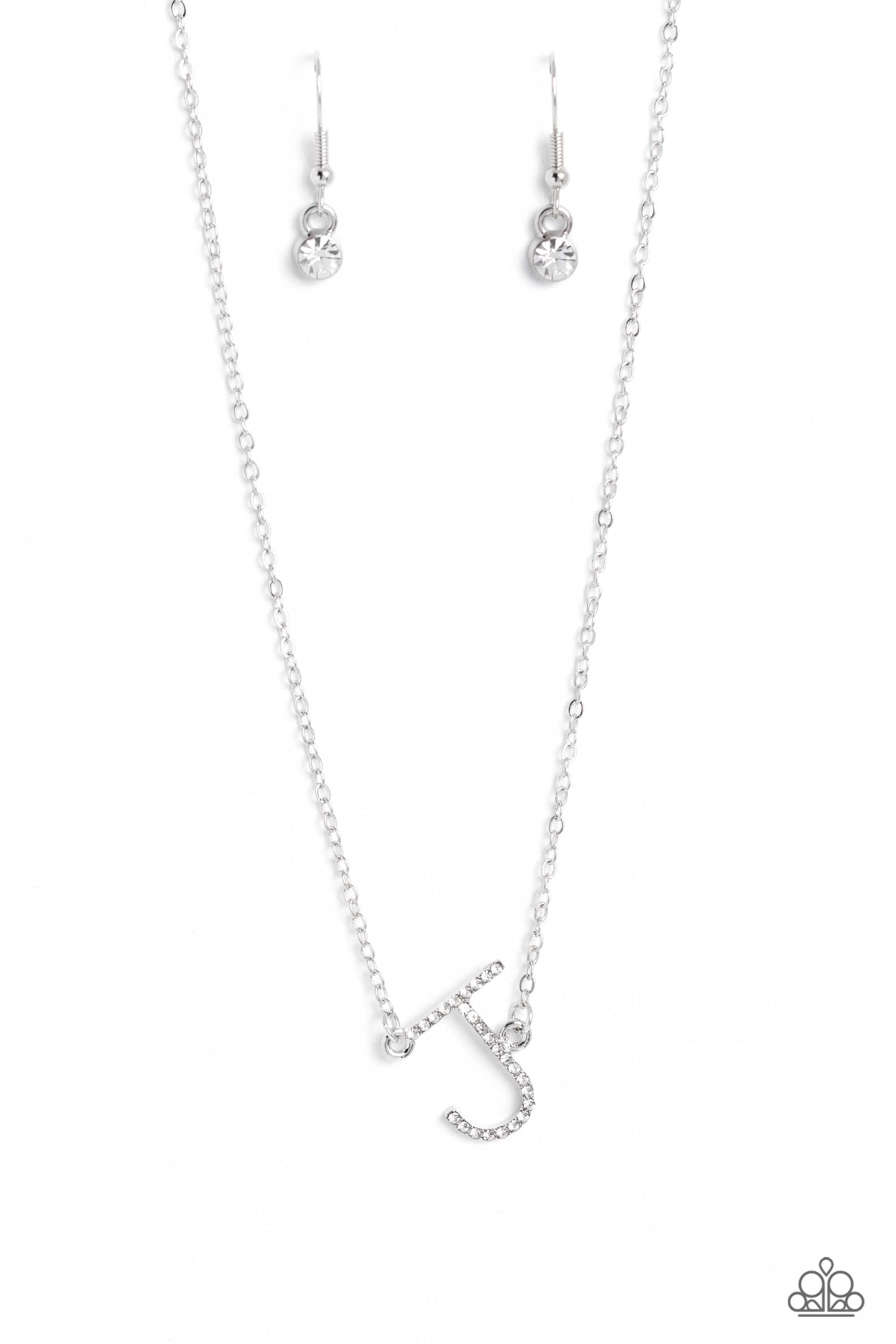 Paparazzi Accessories - Initially Yours - "J" White Necklaces embossed with dainty white rhinestones, a silver letter "J" hovers below the collar from a dainty silver chain, for a sentimentally simple design. Features an adjustable clasp closure.  Sold as one individual necklace. Includes one pair of matching earrings.