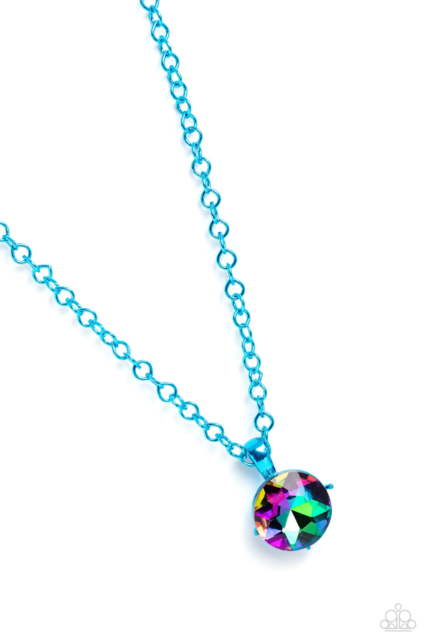 Paparazzi Accessories - Las Vegas DIP - Blue Necklaces featuring a classic elongated chain in a vibrant blue hue, an oversized UV pendant in blue pronged fittings shimmers down the chest for a charismatic finish. Features an adjustable clasp closure. Sold as one individual necklace. Includes one pair of matching earrings.