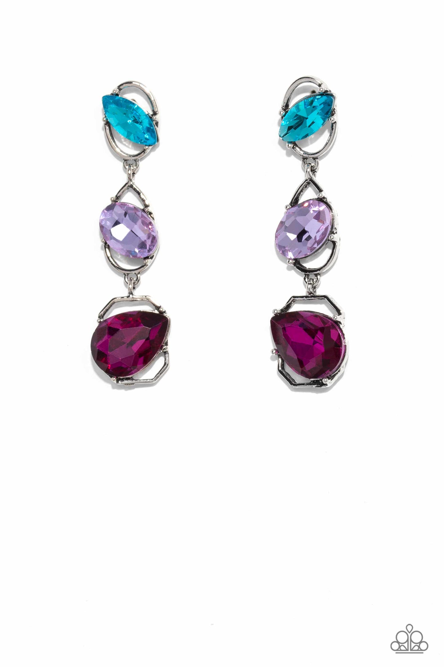Paparazzi Accessories - Dimensional Dance - Multi Earrings linking together to create a geometric lure, a sleek silver oval, teardrop, and emerald-cut frame cascade down the ear. Slanted sideways in pronged settings across each frame, a fuchsia teardrop, purple oval-cut, and aquamarine marquise-cut gem create a gorgeous pop of color against the thin edgy frames. Earring attaches to a standard post fitting. Sold as one pair of post earrings.