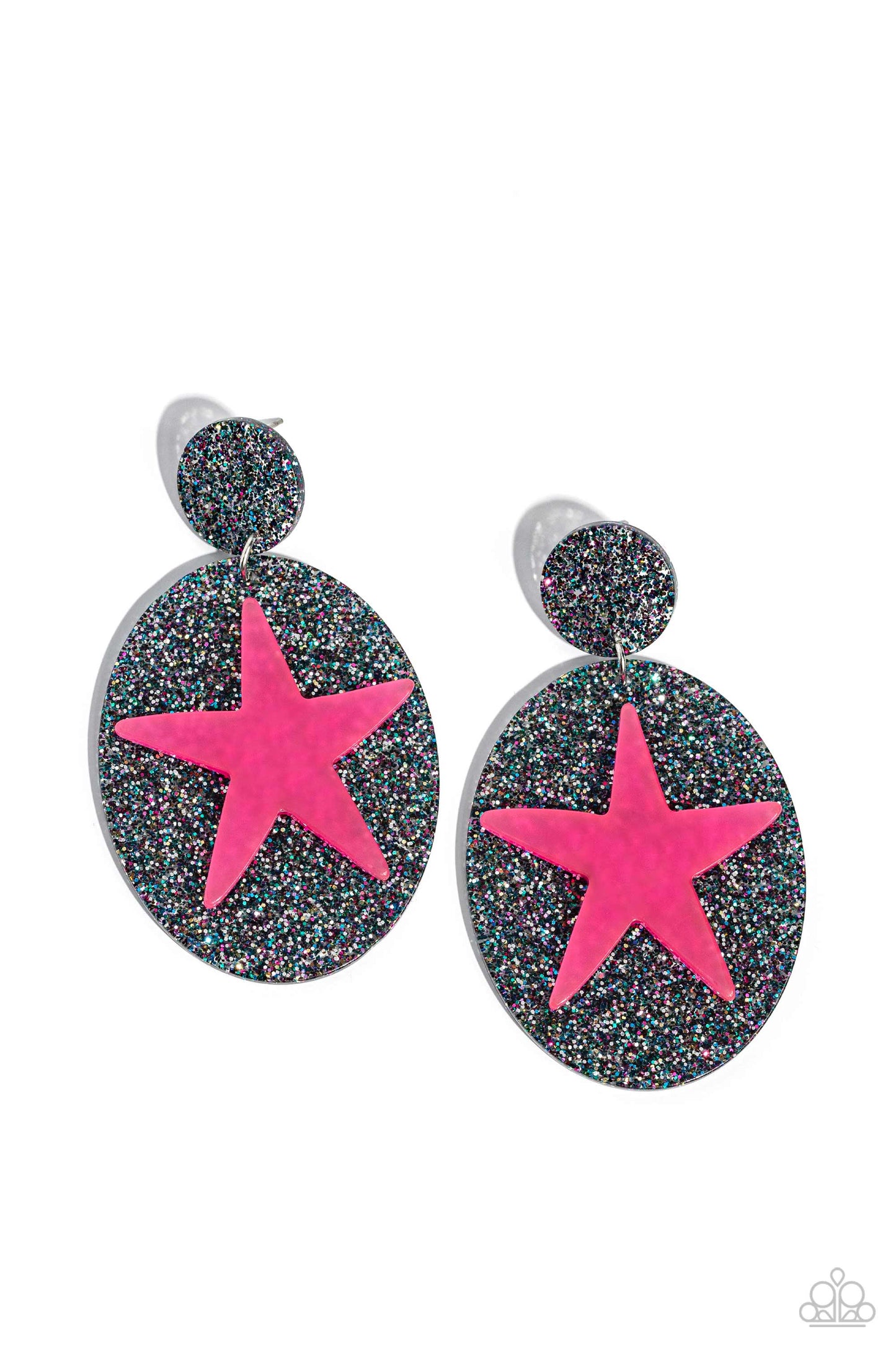 Paparazzi Accessories - Galaxy Getaway - Pink Earrings featuring a multicolored glittery backdrop, a black acrylic oval swings from the bottom of a smaller black glittery fitting, creating a colorful frame. A hot pink acrylic star is embossed atop the larger oval, finishing the design off with a stellar statement. Earring attaches to a standard post fitting. Sold as one pair of post earrings.