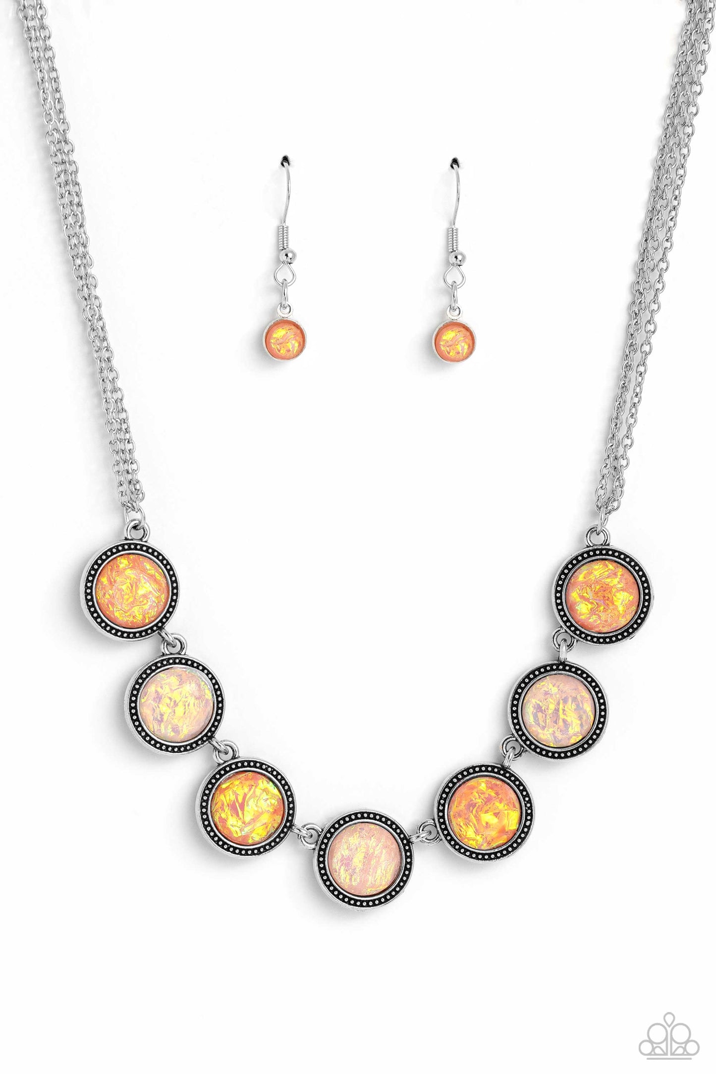 Paparazzi Accessories - Looking for DOUBLE - Orange Necklaces suspended between dainty layers of silver chain, a collection of glassy peach and orange gems featuring a refracted shimmer and an opalescent finish link along the collar to create a hypnotic pop of color. Due to its prismatic palette, color may vary. Sold as one individual necklace. Includes one pair of matching earrings.