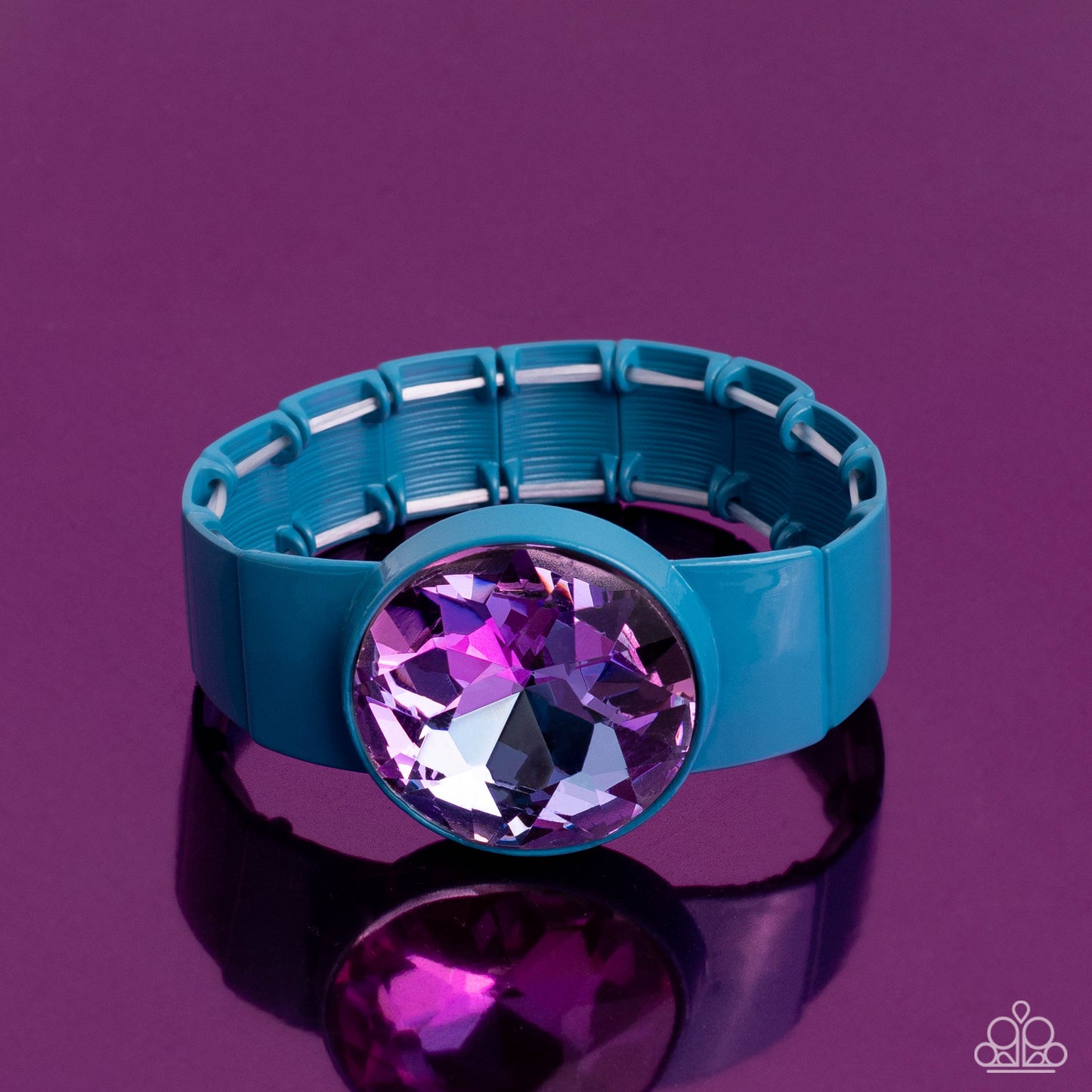 Paparazzi Accessories - Exaggerated Ego - September 2023 Life of the Party - Blue Bracelet featuring a UV shimmer, an exaggerated purple gem is pressed into a metallic blue fitting along bold rectangular frames around the wrist on stretchy bands for a colorful summer look. Sold as one individual bracelet. Order date 9/15/23