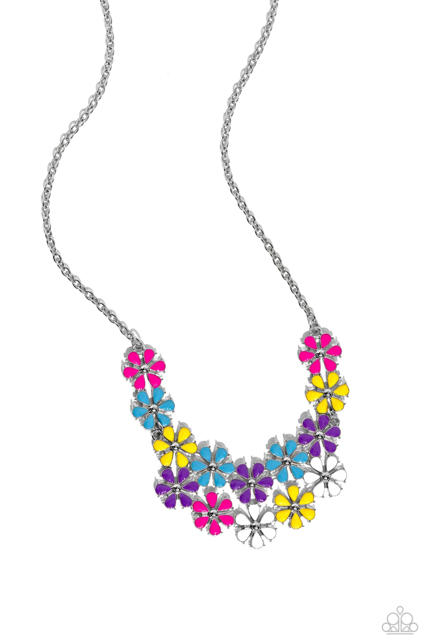 Painted in vivacious shades of hot pink, turquoise, yellow, purple, and white, a collection of silver studded flowers glide across the chest from a dainty silver chain for a whimsical array. Features an adjustable clasp closure. Painted in vivacious shades of hot pink, turquoise, yellow, purple, and white, a collection of silver studded flowers glide across the chest from a dainty silver chain for a whimsical array. Features an adjustable clasp closure.  Featured inside The Preview at Made for More!
