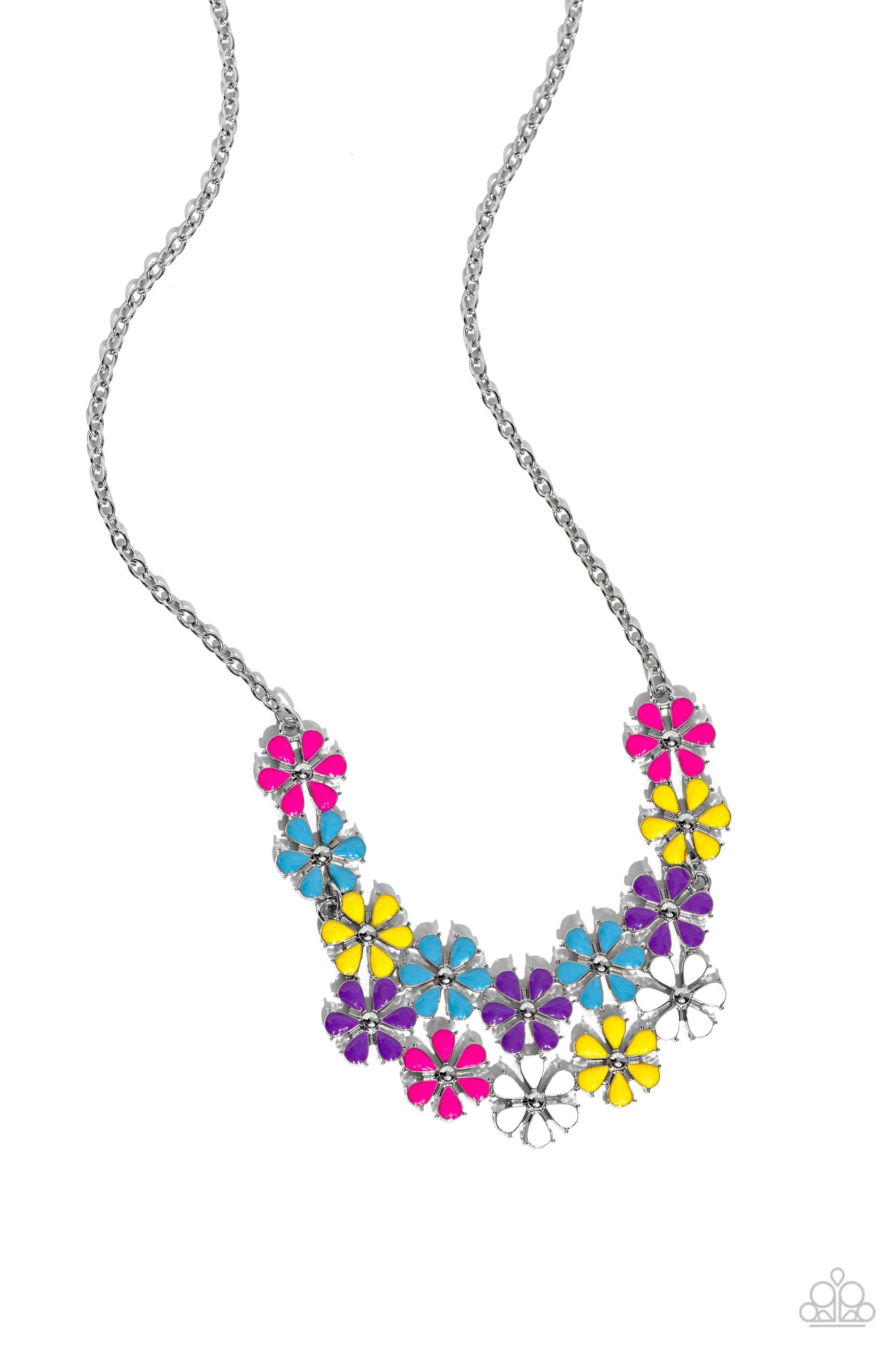 Painted in vivacious shades of hot pink, turquoise, yellow, purple, and white, a collection of silver studded flowers glide across the chest from a dainty silver chain for a whimsical array. Features an adjustable clasp closure. Painted in vivacious shades of hot pink, turquoise, yellow, purple, and white, a collection of silver studded flowers glide across the chest from a dainty silver chain for a whimsical array. Features an adjustable clasp closure.  Featured inside The Preview at Made for More!