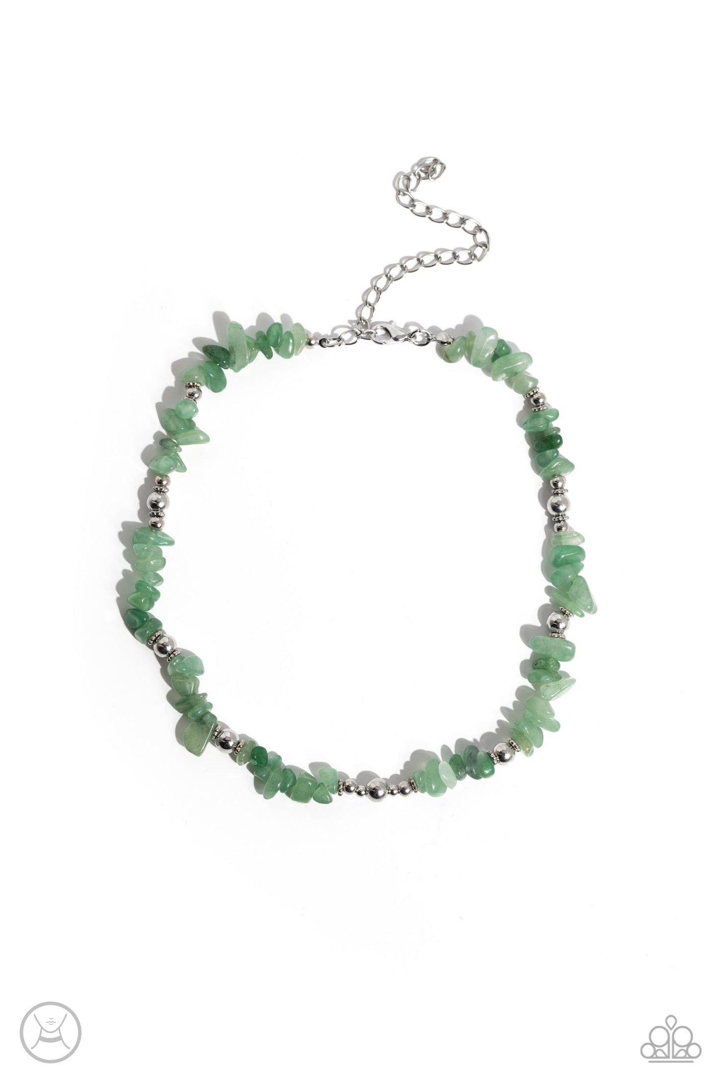 Paparazzi Accessories - Carved Confidence - Green Necklaces infused along an invisible string, a chiseled collection of jade stones and various silver beads wrap around the collar for an earthy pop of color. Features an adjustable clasp closure. As the stone elements in this piece are natural, some color variation is normal. Sold as one individual choker necklace. Includes one pair of matching earrings.