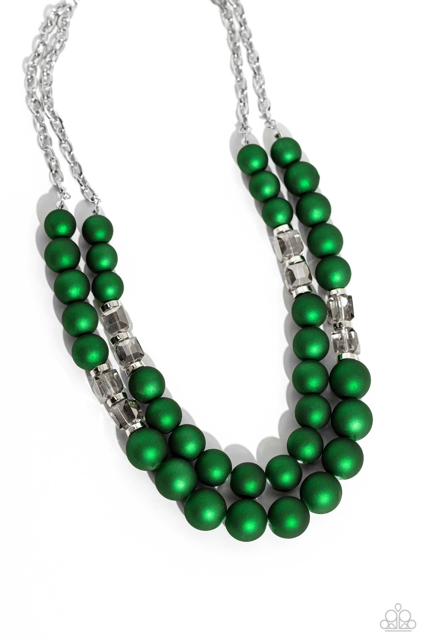 Paparazzi Accessories - Shopaholic Season & Shopaholic Showdown - Green Set two rows of oversized emerald green beads featuring a subtle shimmer, silver accents, and clear gray cubed beads fall below the collar on silver paperclip chains, creating refined, colorful layers. Features an adjustable clasp closure. Sold as one individual necklace. Includes one pair of matching earrings.