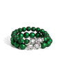 Paparazzi Accessories - Shopaholic Season & Shopaholic Showdown - Green Set two rows of oversized emerald green beads featuring a subtle shimmer, silver accents, and clear gray cubed beads fall below the collar on silver paperclip chains, creating refined, colorful layers. Features an adjustable clasp closure.  Sold as one individual necklace. Includes one pair of matching earrings.