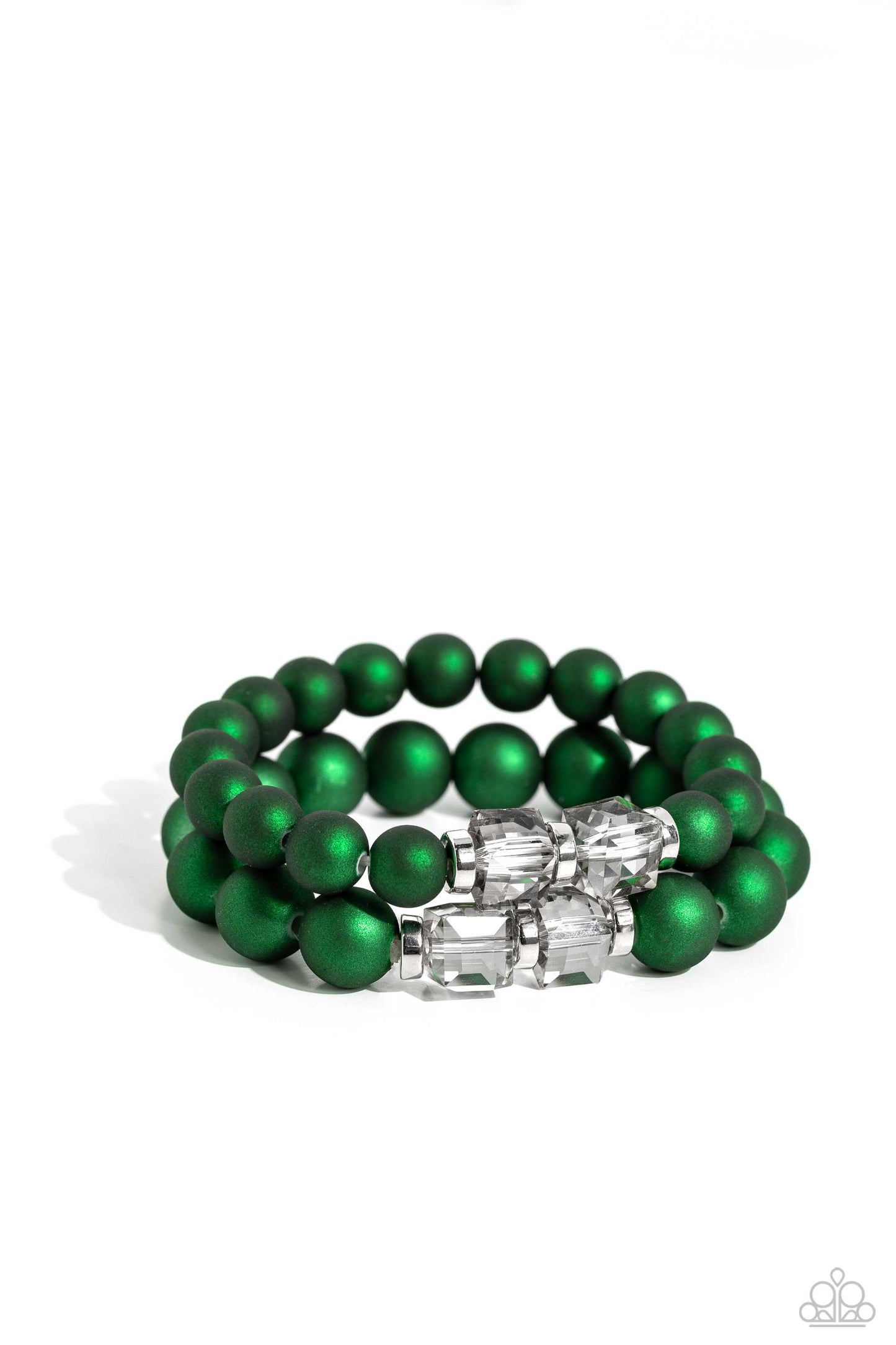 Paparazzi Accessories - Shopaholic Season & Shopaholic Showdown - Green Set two rows of oversized emerald green beads featuring a subtle shimmer, silver accents, and clear gray cubed beads fall below the collar on silver paperclip chains, creating refined, colorful layers. Features an adjustable clasp closure. Sold as one individual necklace. Includes one pair of matching earrings.