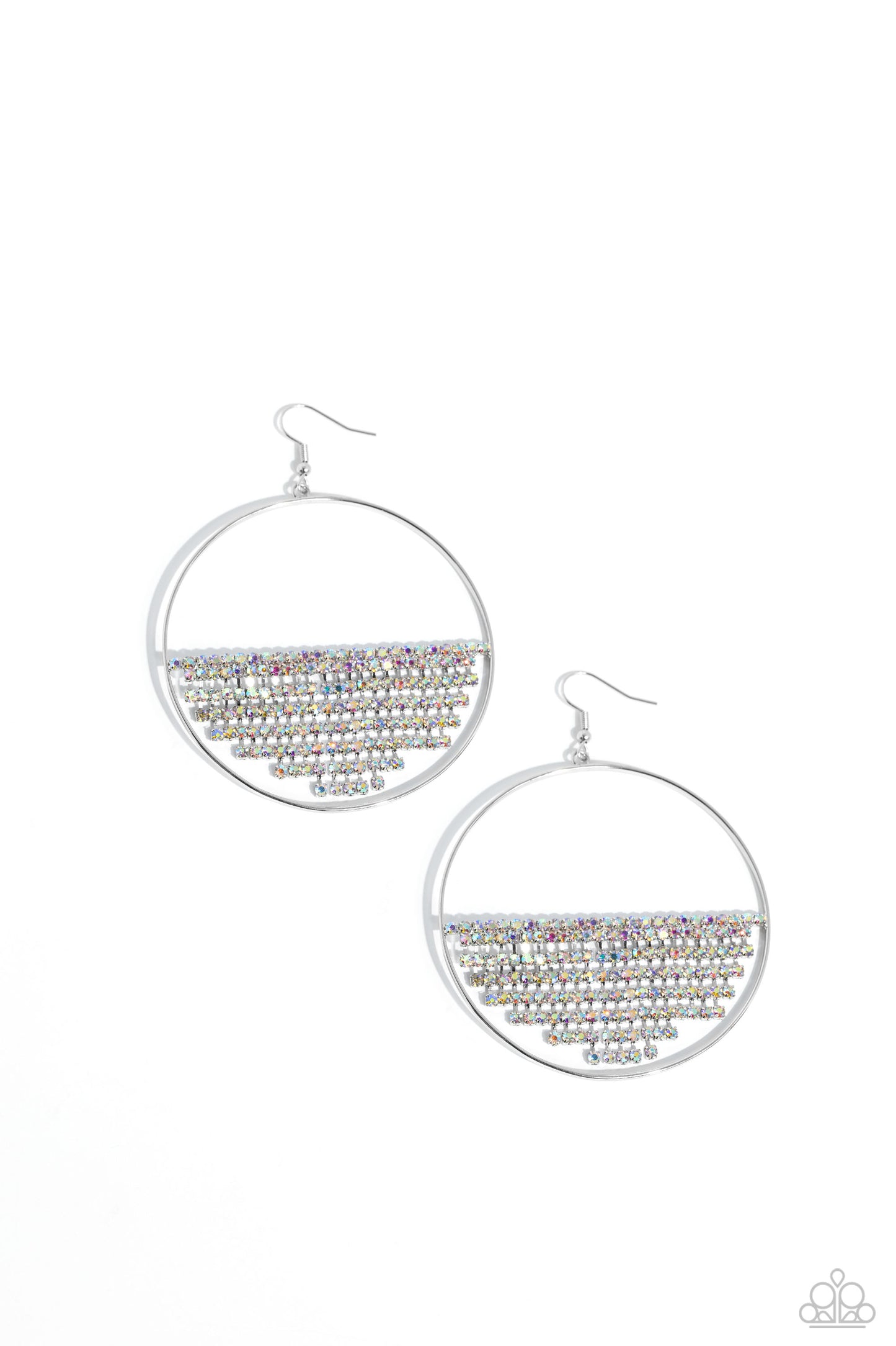 Paparazzi Accessories - Fierce Fringe - Multi Earrings a curtain of iridescent rhinestones is stretched between the edges of a skinny, oversized silver hoop, creating a shimmering display. The rhinestones taper towards the center as they sway and cascade, adding sparkly movement for a fierce industrial finish. Earring attaches to a standard fishhook fitting. Due to its prismatic palette, color may vary. Sold as one pair of earrings.