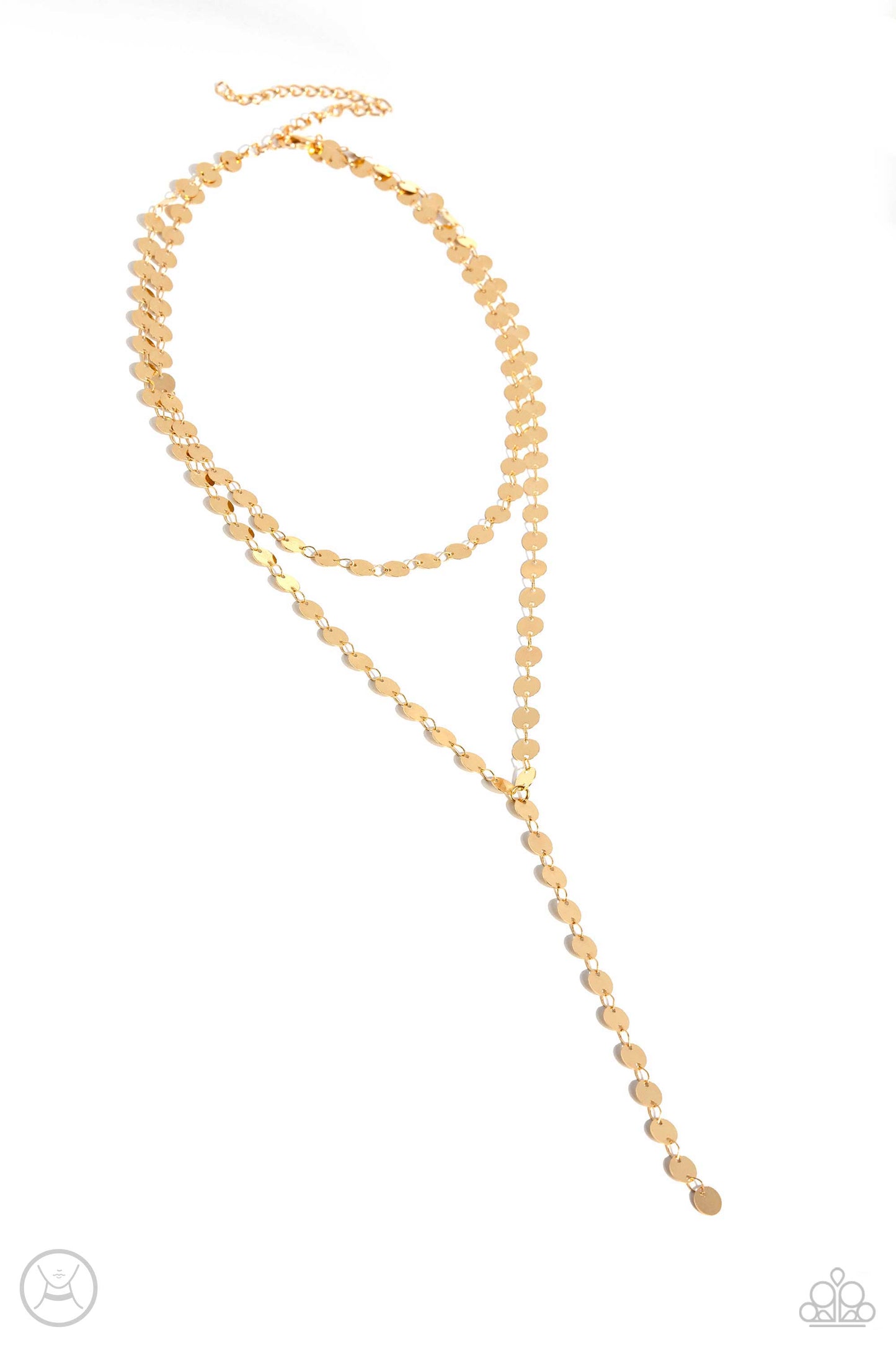 Paparazzi Accessories - Reeling in Radiance - Gold Necklaces high-sheen gold discs trickle around the collar and down the chest, creating an edgy lariat-styled fringe that sways and shimmers. Features an adjustable clasp closure. Sold as one individual choker necklace. Includes one pair of matching earrings.