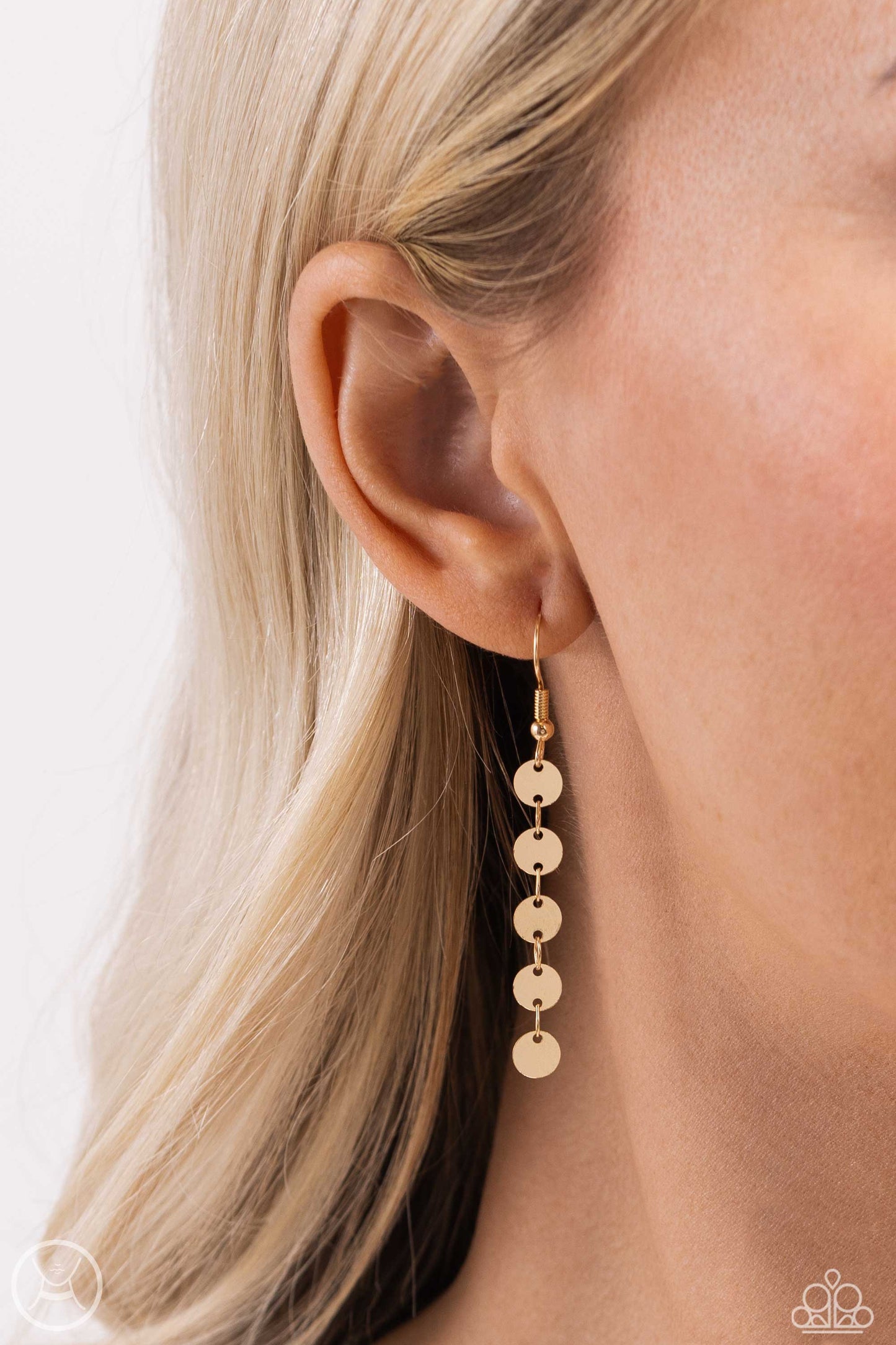 Paparazzi Accessories - Reeling in Radiance - Gold Necklaces high-sheen gold discs trickle around the collar and down the chest, creating an edgy lariat-styled fringe that sways and shimmers. Features an adjustable clasp closure. Sold as one individual choker necklace. Includes one pair of matching earrings.