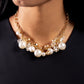 Paparazzi Accessories - Corporate Catwalk - Gold Necklaces a collection of bubbly white pearls, glittery crystal-like beads, gold beads, some embossed in shimmer, and gem-encrusted beads swing from the bottom of a chunky gold chain, creating an elegantly clustered fringe below the collar. Features an adjustable clasp closure.  Sold as one individual necklace. Includes one pair of matching earrings.