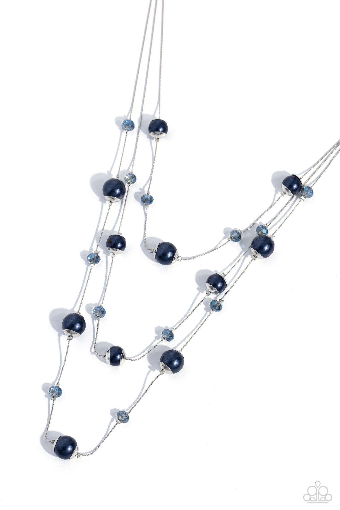 Paparazzi Accessories - Glistening Gamut - Blue Necklacwithree strands of lengthened silver chains are adorned with soft navy pearls in silver cap fittings and glassy blue reflective beads for an eye-catching statement down the chest. Features an adjustable clasp closure. Sold as one individual necklace. Includes one pair of matching earrings.