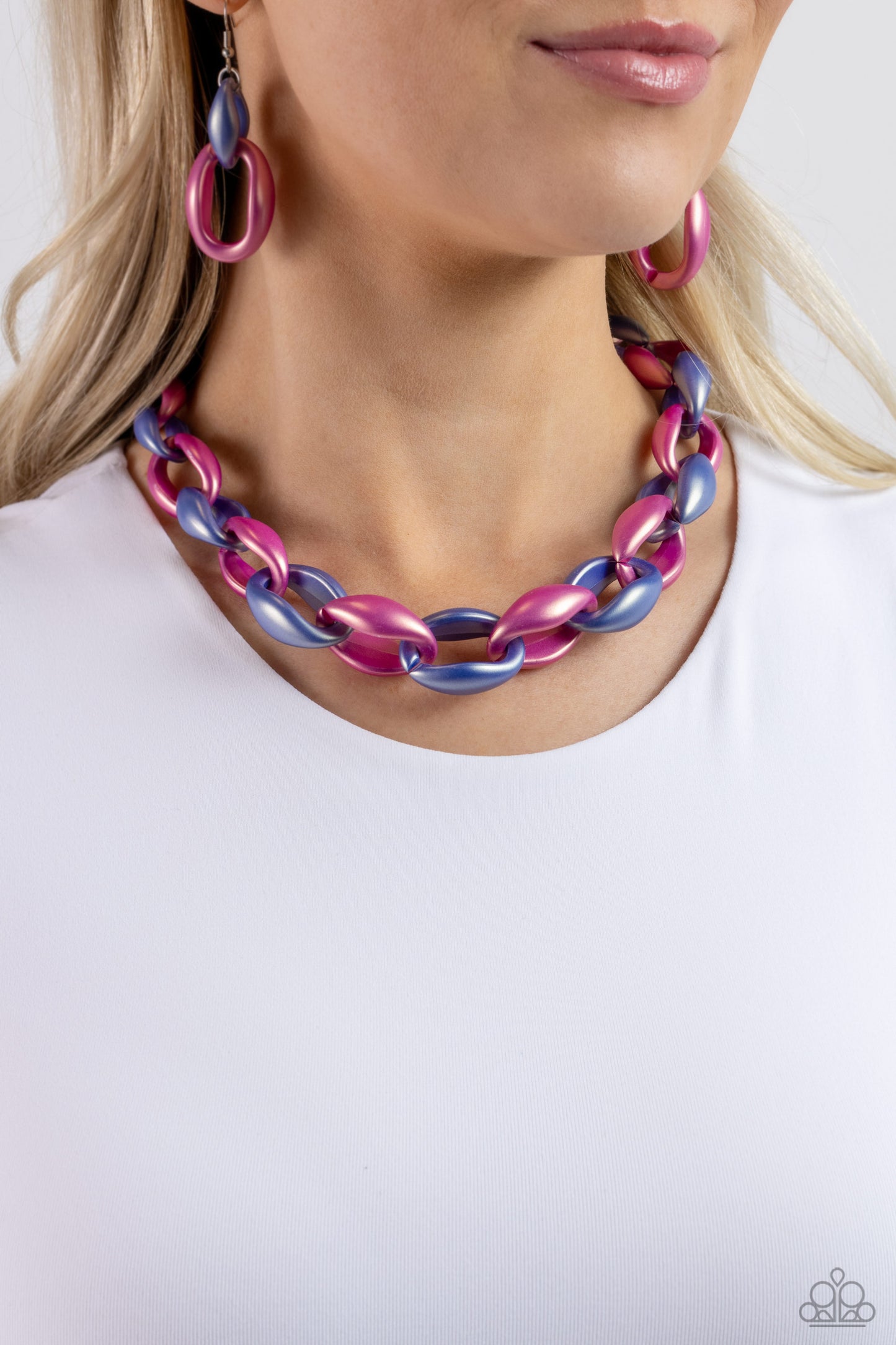 Paparazzi Accessories - Statement Season - Multi Necklace Persian Jewel and Rose Violet concaved hoops gradually increase in size as they elongate towards the middle of the neckline for a colorful combination. Features an adjustable clasp closure. Sold as one individual necklace. Includes one pair of matching earrings.