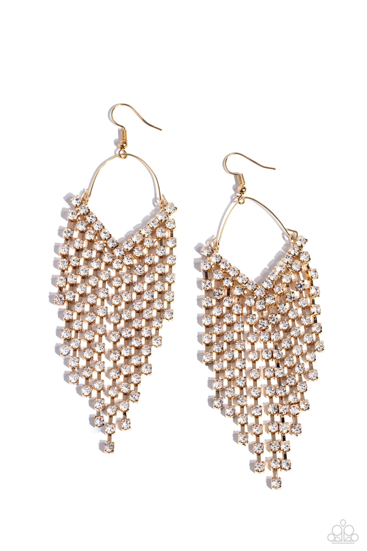 Paparazzi Accessories - V Fallin - Gold Earrings attached to a dainty gold wire fitting, strands of glittery white rhinestones pressed in sleek gold fittings freefall from the ear into an edgy v-shaped cascade for a bold look. Earring attaches to a standard fishhook fitting. Sold as one pair of earrings.