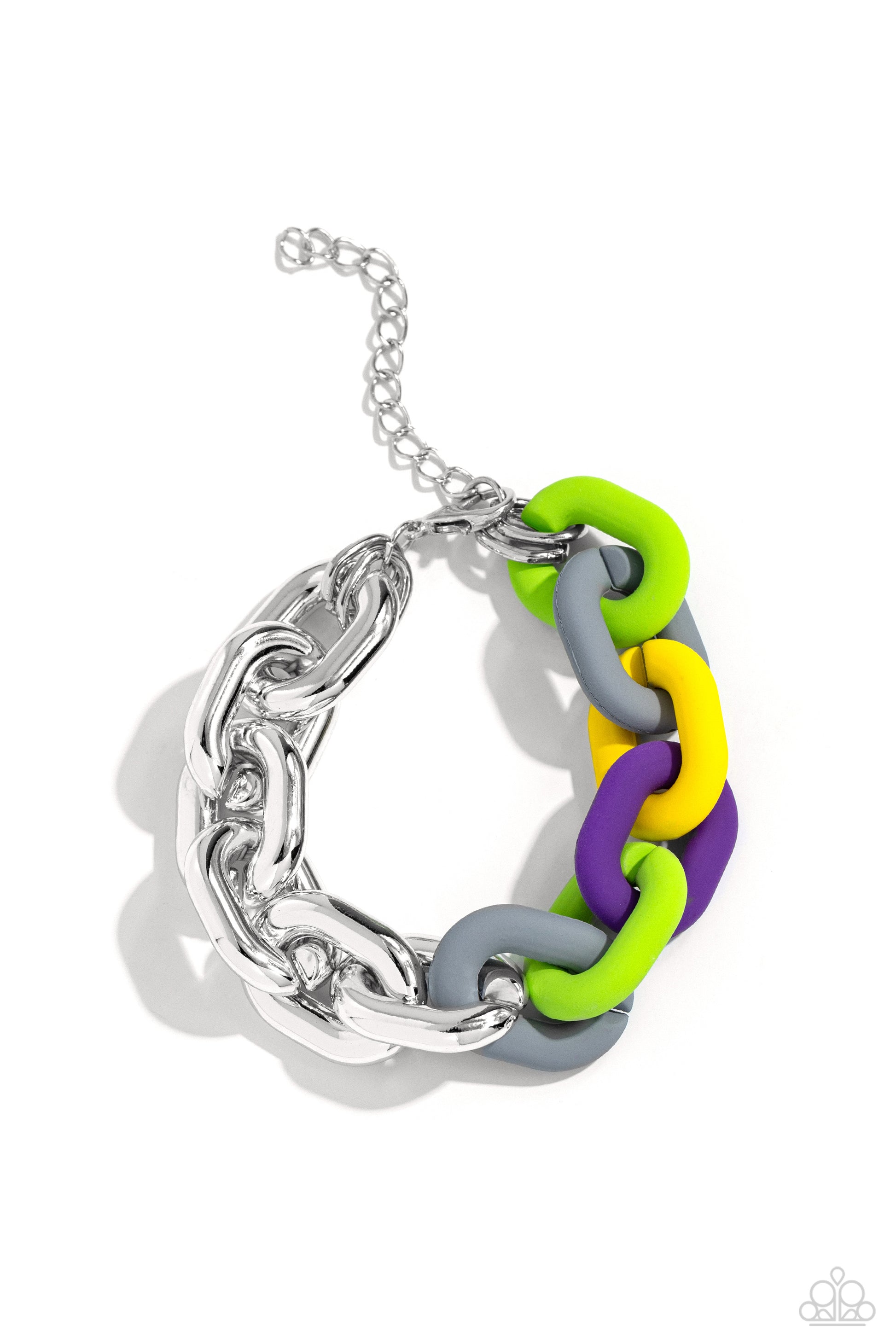 Paparazzi Accessories - Contrasting Couture & Candid Contrast - Silver Jewelry Set a strand of oversized silver curb chain collides with purple, High Visibility, Kohlrabi, and Ultimate Gray acrylic curb links to create an abstract blend of grit and color. The oversized links of the colored curb chain offset the high sheen of the silver that lays on the opposite side, perfectly balancing the contrasting design. Features an adjustable clasp closure. Sold as one individual choker necklace.