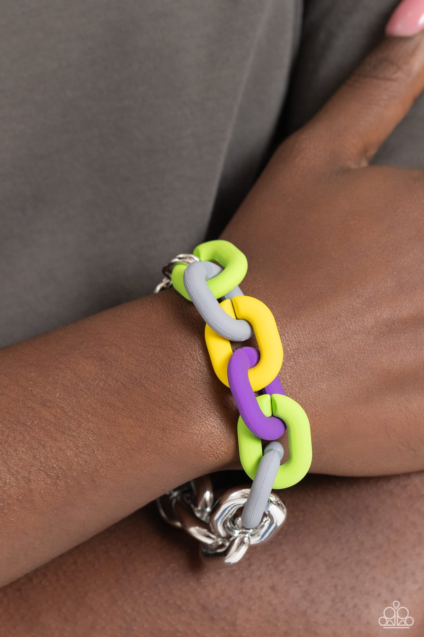 Paparazzi Accessories - Contrasting Couture & Candid Contrast - Silver Jewelry Set a strand of oversized silver curb chain collides with purple, High Visibility, Kohlrabi, and Ultimate Gray acrylic curb links to create an abstract blend of grit and color. The oversized links of the colored curb chain offset the high sheen of the silver that lays on the opposite side, perfectly balancing the contrasting design. Features an adjustable clasp closure. Sold as one individual choker necklace.