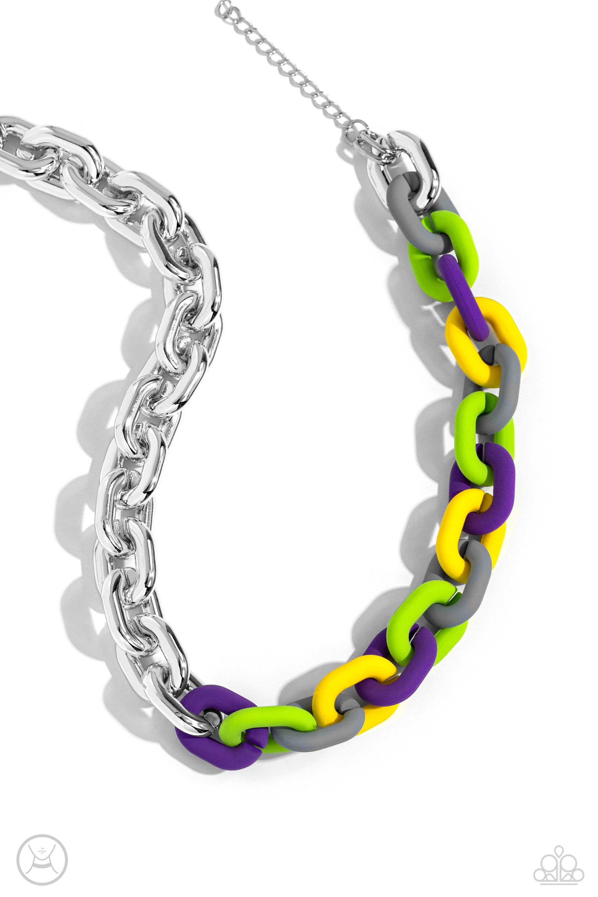 Paparazzi Accessories - Contrasting Couture & Candid Contrast - Silver Jewelry Set a strand of oversized silver curb chain collides with purple, High Visibility, Kohlrabi, and Ultimate Gray acrylic curb links to create an abstract blend of grit and color. The oversized links of the colored curb chain offset the high sheen of the silver that lays on the opposite side, perfectly balancing the contrasting design. Features an adjustable clasp closure. Sold as one individual choker necklace.