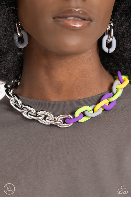 Paparazzi Accessories - Contrasting Couture & Candid Contrast - Silver Jewelry Set a strand of oversized silver curb chain collides with purple, High Visibility, Kohlrabi, and Ultimate Gray acrylic curb links to create an abstract blend of grit and color. The oversized links of the colored curb chain offset the high sheen of the silver that lays on the opposite side, perfectly balancing the contrasting design. Features an adjustable clasp closure. Sold as one individual choker necklace.