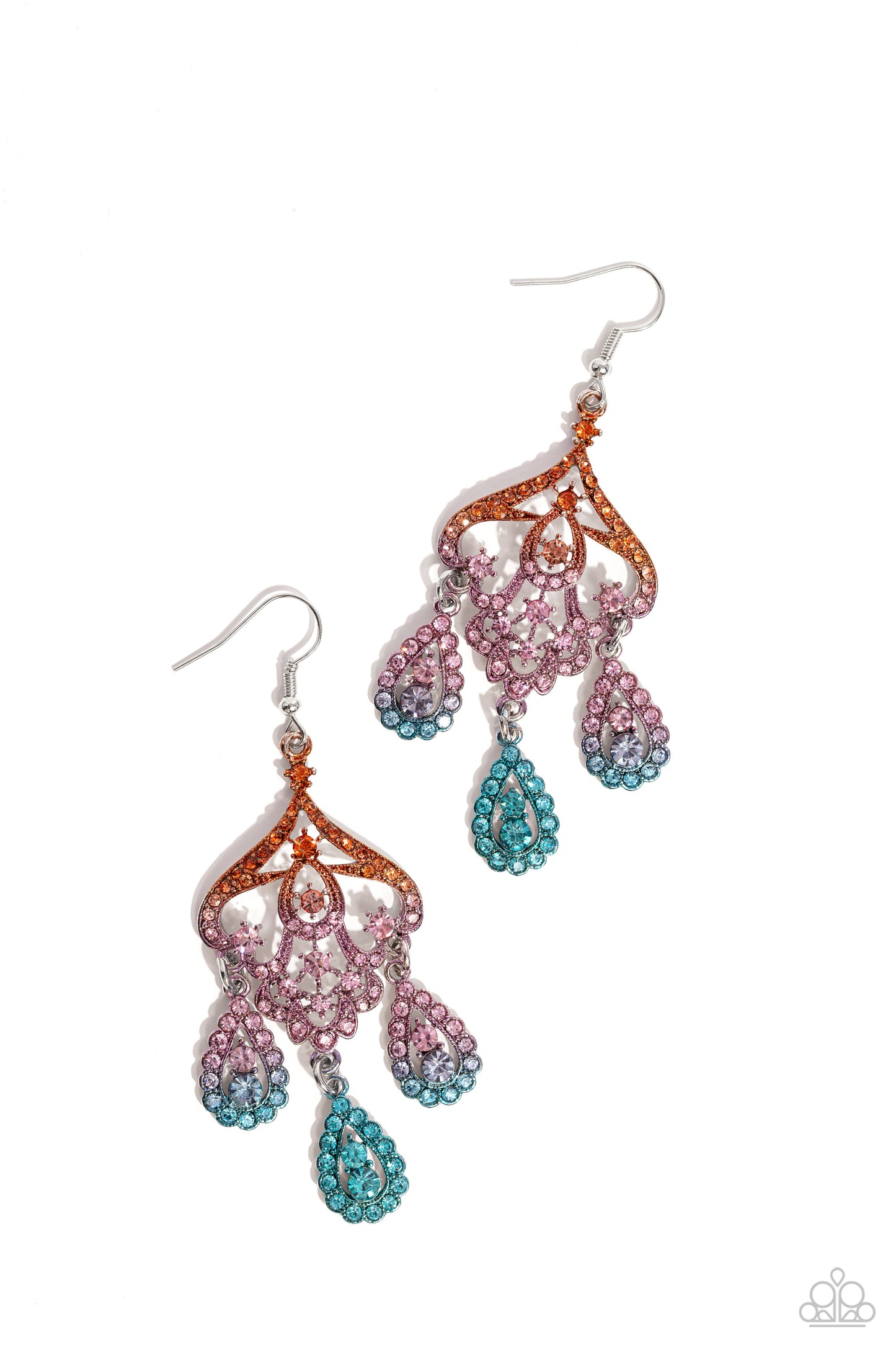 Paparazzi Accessories - Chandelier Command - Multi Earrings three rhinestone-encrusted teardrops drip from the bottom of an ornate decorative frame, creating an elegant fringe. The decorative frame swirls with ombré rhinestones that go from orange to pink to blue shades in varying sizes for a timelessly over-the-top sparkle. Earring attaches to a standard fishhook fitting.
Sold as one pair of earrings.