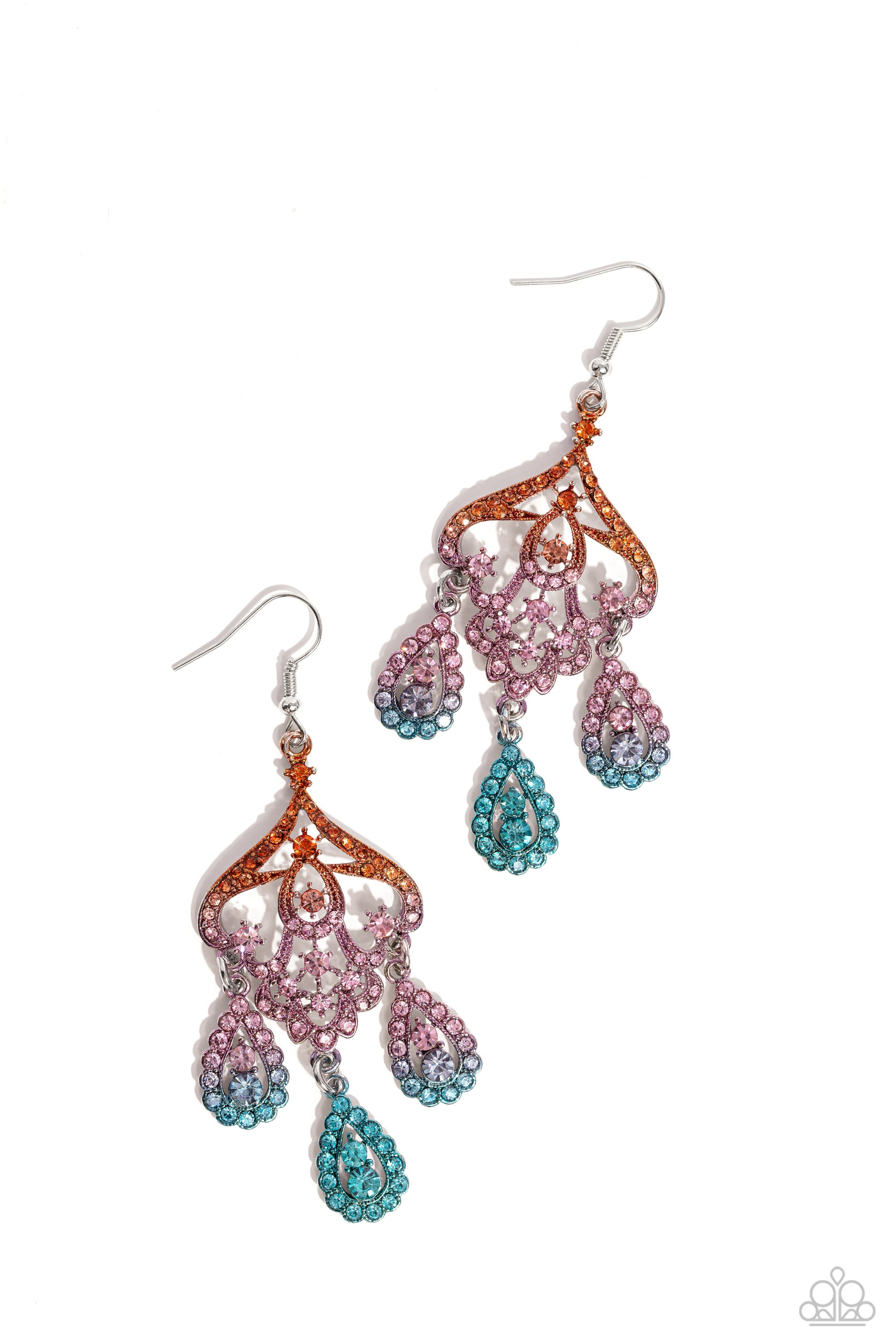 Paparazzi Accessories - Chandelier Command - Multi Earrings three rhinestone-encrusted teardrops drip from the bottom of an ornate decorative frame, creating an elegant fringe. The decorative frame swirls with ombré rhinestones that go from orange to pink to blue shades in varying sizes for a timelessly over-the-top sparkle. Earring attaches to a standard fishhook fitting.
Sold as one pair of earrings.