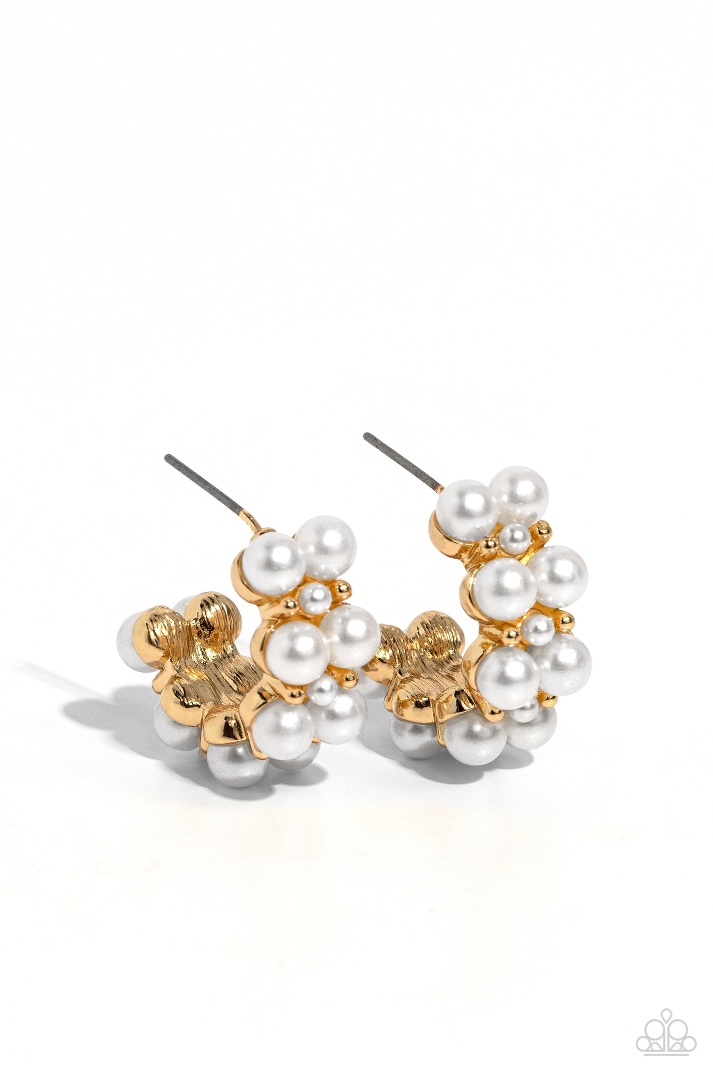 Paparazzi Accessories - White Collar Wardrobe - Gold Eascalloptwo rows of bubbly white pearls stack and form into a scalloped pattern. Daintily curling around the ear, the bubbly effect of the high-sheen gold studs and daintier pearls separating the larger pearls creates a radiant, refined hoop. Earring attaches to a standard post fitting. Hoop measures approximately 1" in diameter. Sold as one pair of hoop earrings.
