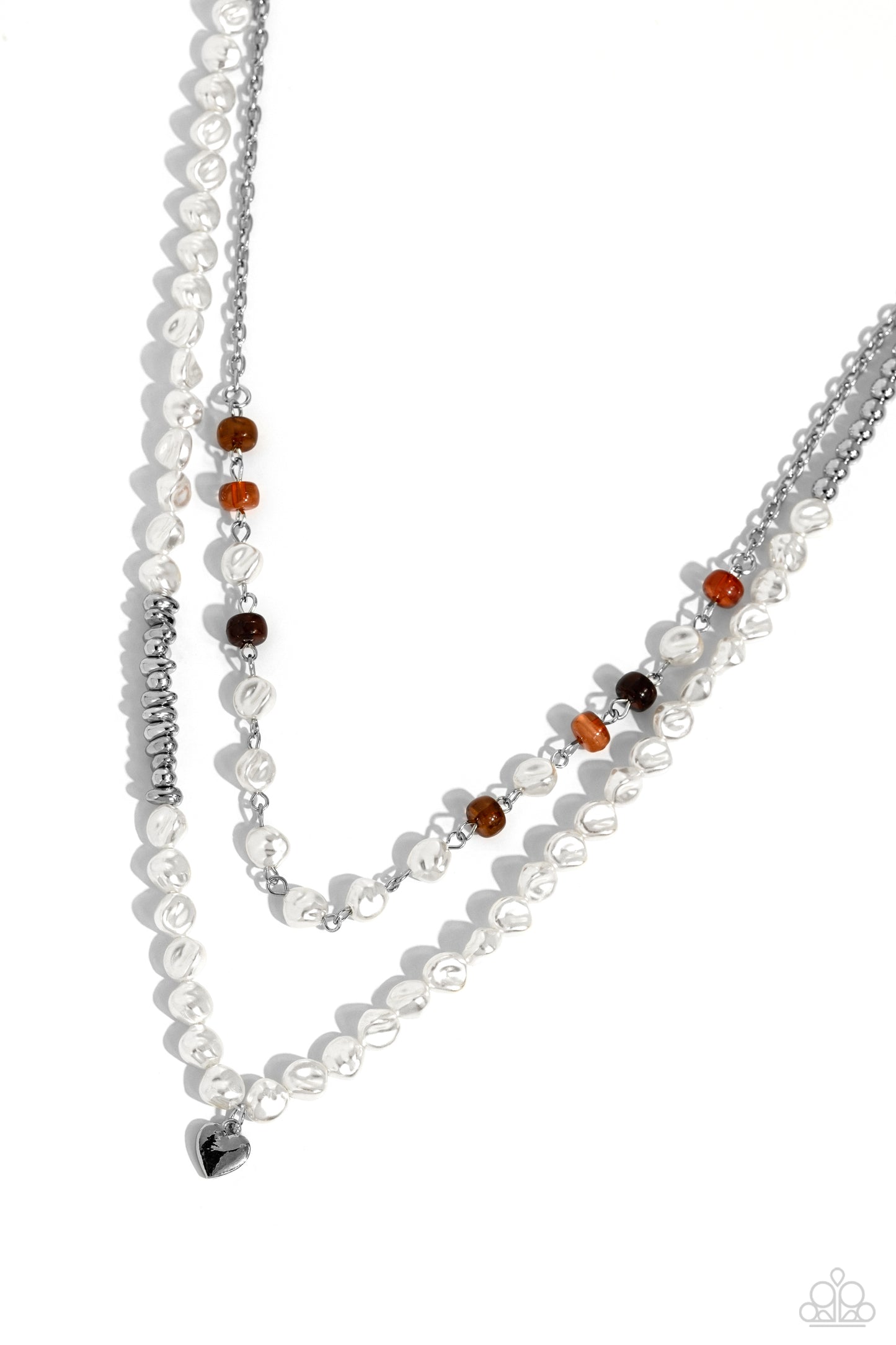 Paparazzi Accessories - Pearl Pact - Brown Necklaces infused with various brown cat's eye discs, a baroque pearl beaded strand gives way to an elongated baroque pearl and silver beaded strand featuring a dainty silver heart pendant for a whimsically layered look. Features an adjustable clasp closure. Sold as one individual necklace. Includes one pair of matching earrings.
