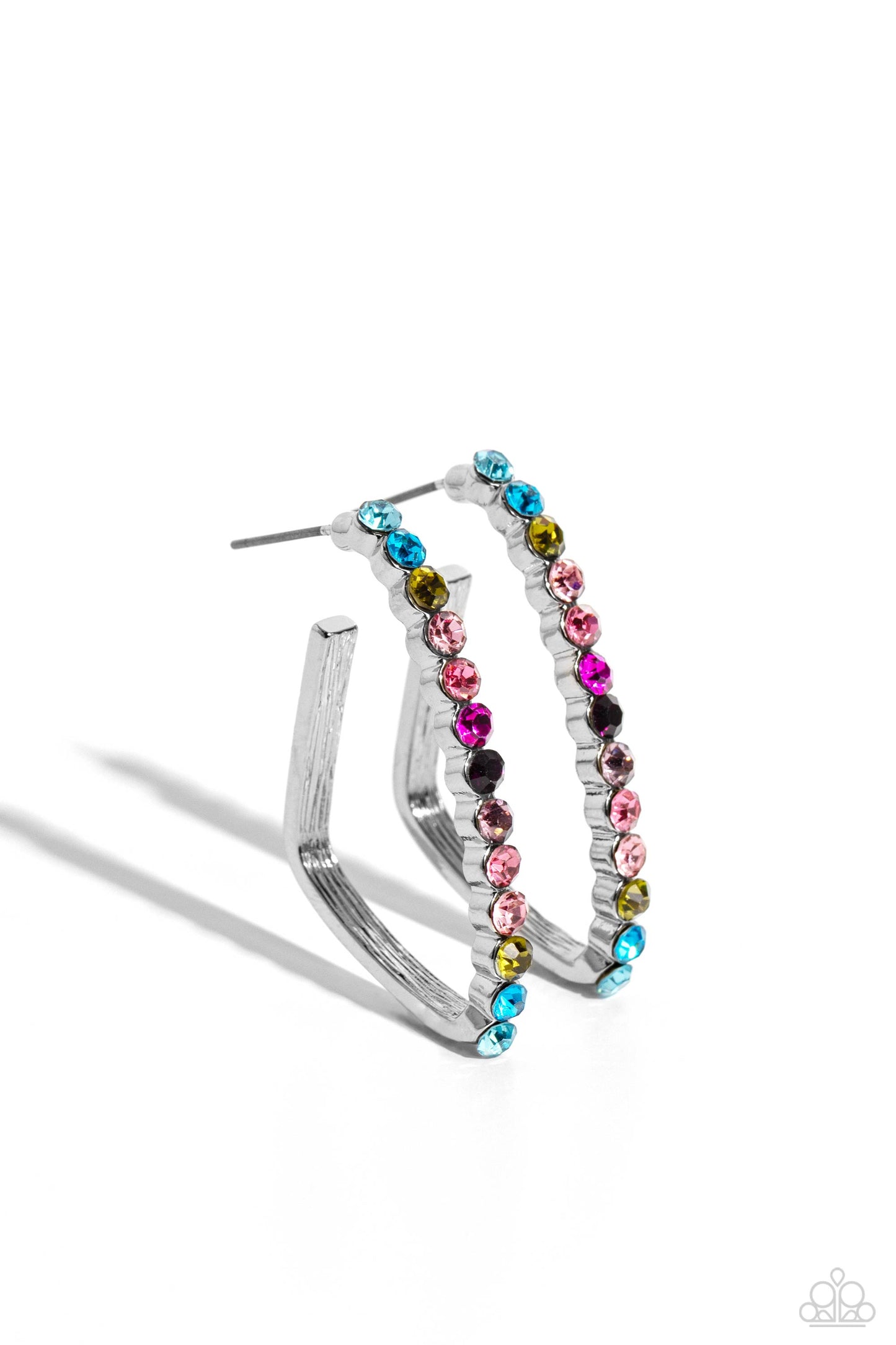 Paparazzi Accessories - Triangular Tapestry - Multi Hoop Earrings the front of a bold silver hoop is encrusted in multicolored rhinestones, creating a sparkly spectrum of color. The multicolored scalloped frame leisurely bends into an airy triangular frame for a geometric motif. Earring attaches to a standard post fitting. Hoop measures approximately 1/2" in diameter. Sold as one pair of hoop earrings.
