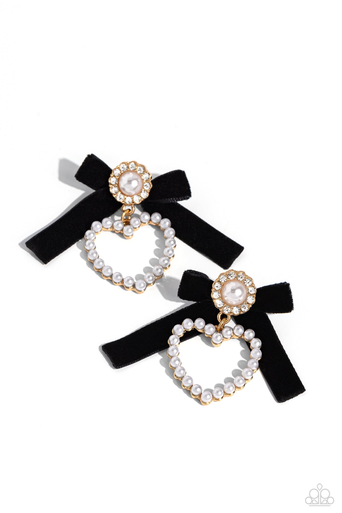 Paparazzi Accessories BOW and Then - Gold Earrings a solitaire white pearl, pressed in a white rhinestone-encrusted gold hoop, gleams atop a pearl-dotted heart frame resulting in a dazzling statement piece. A black velvet ribbon fans out from the pearly centerpiece further infusing the design with elegance. Earring attaches to a standard post fitting. Sold as one pair of post earrings.