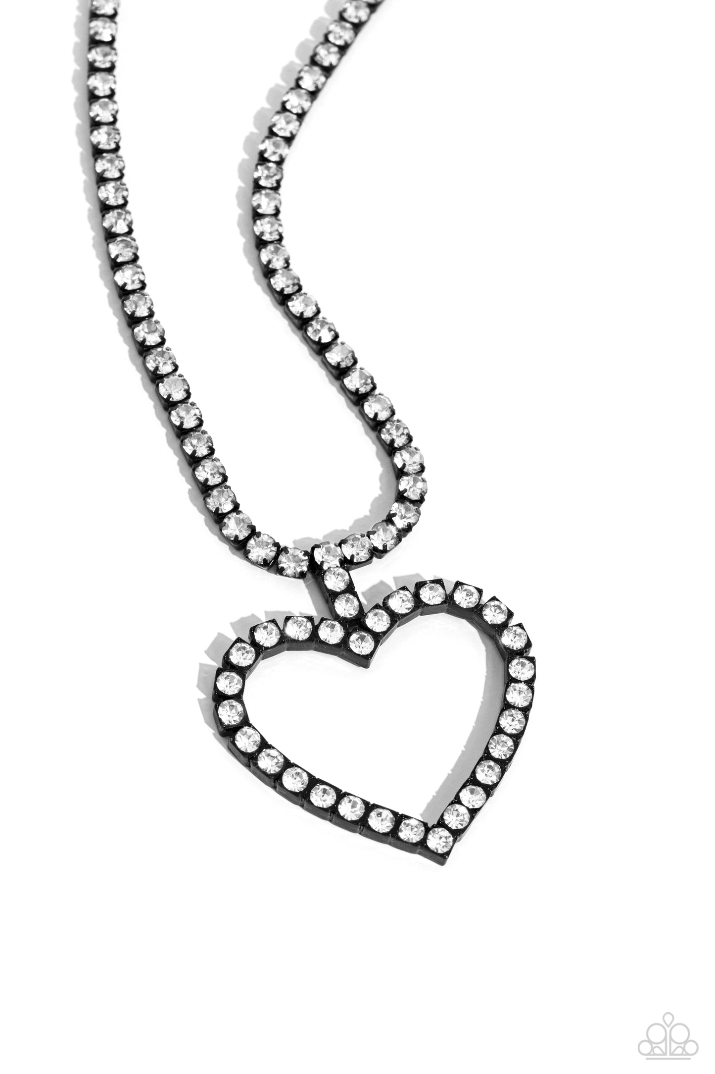 Paparazzi Accessories - Flirting Fancy - Black Necklaces featuring pronged, square black fittings, glassy white rhinestones encircle the neckline and lead the eye down to an airy heart silhouette, resulting in a flirtatious sparkle. Features an adjustable clasp closure. Sold as one individual necklace. Includes one pair of matching earrings.