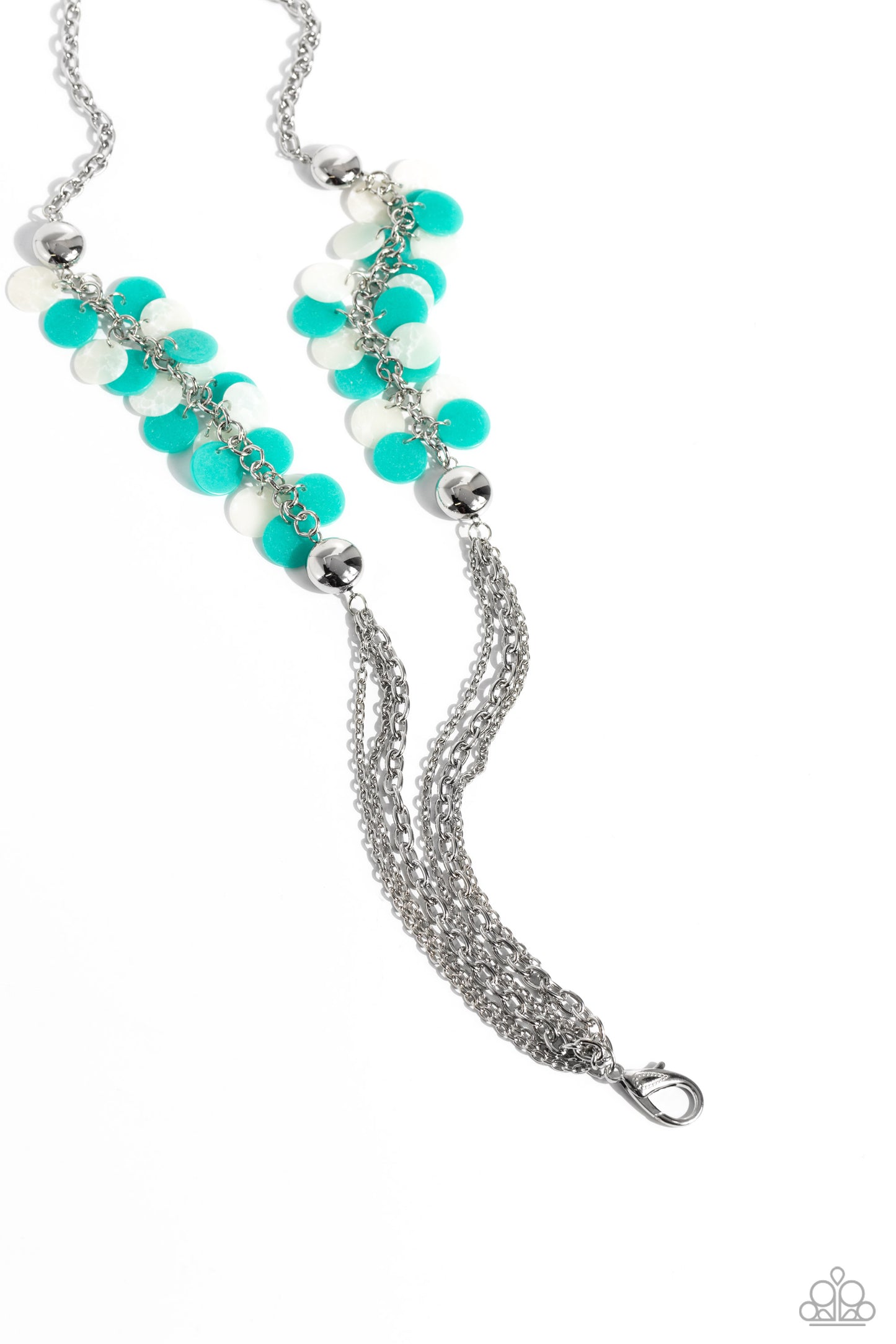 Paparazzi Accessories - Shell Sensation - Green Necklaces flared between two oversized silver beads, a collection of turquoise and white shell-like beads give way to sections of silver chains that connect across the chest for a colorful summery look. A lobster clasp hangs from the bottom of the elongated design to allow a name badge or other item to be attached. Features an adjustable clasp closure. Sold as one individual lanyard. Includes one pair of matching earrings.