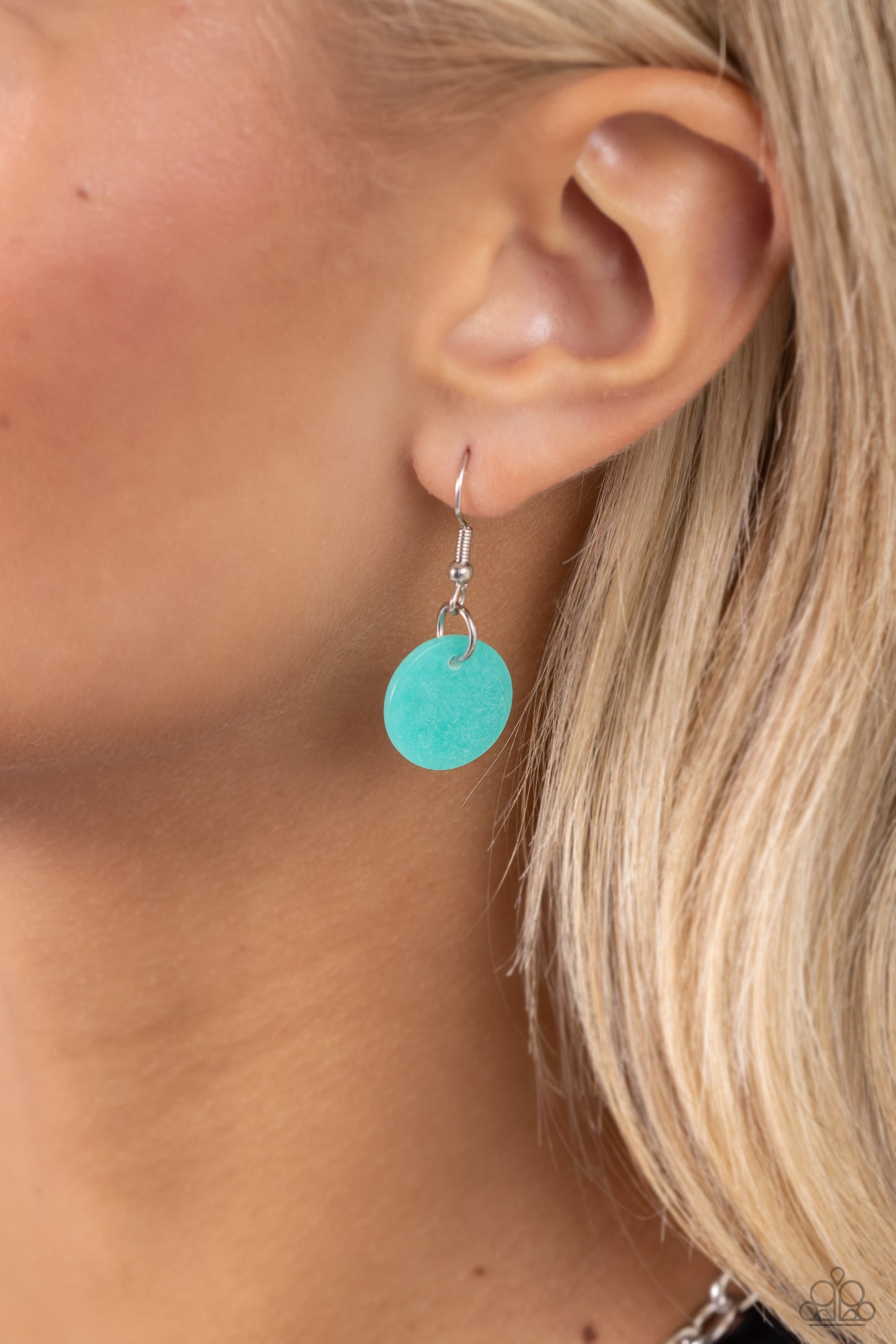 Paparazzi Accessories - Shell Sensation - Green Necklaces flared between two oversized silver beads, a collection of turquoise and white shell-like beads give way to sections of silver chains that connect across the chest for a colorful summery look. A lobster clasp hangs from the bottom of the elongated design to allow a name badge or other item to be attached. Features an adjustable clasp closure. Sold as one individual lanyard. Includes one pair of matching earrings.
