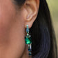 Paparazzi Accessories - Elite Ensemble - Green Hoop Earringgeencrusted in round and emerald-cut aquamarine and emerald gems, some featuring an iridescent sheen, an exaggerated oblong silver hoop curls around the ear, refracting light in a dramatic, knockout finish. Earring attaches to a standard post fitting. Hoop measures approximately 2" long. Due to its prismatic palette, color may vary.  Sold as one pair of hoop earrings.