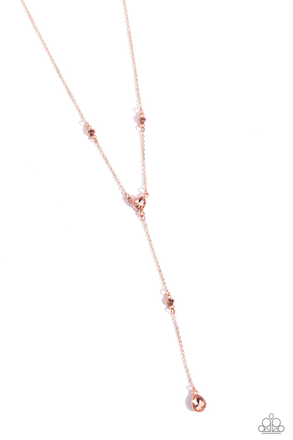 Paparazzi Accessories - Lavish Lariat - Copper Nedelicatedainty strands of glistening shiny copper chain delicately knot into a timeless tassel for a refined flair. Peachy gems in varying sizes and in round, teardrop, and heart applications are infused along the shiny copper chain in sleek shiny copper fittings for a touch of light-reflecting dazzle. Features an adjustable clasp closure. Sold as one individual necklace. Includes one pair of matching earrings.