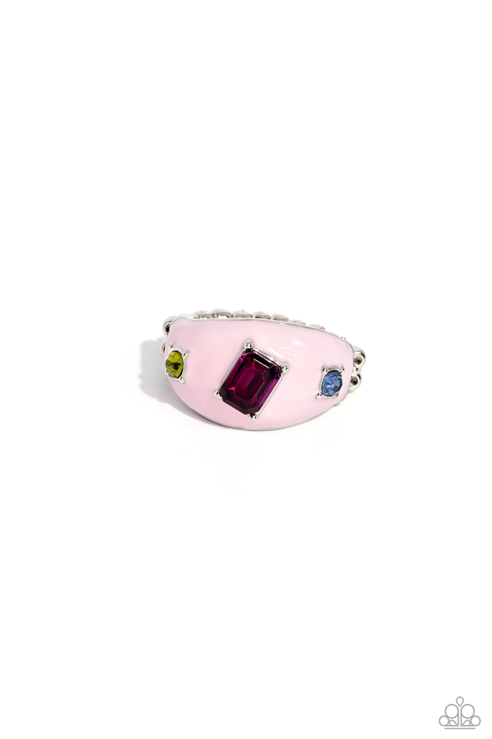 Paparazzi Accessories - Blinding Behavior - Pink Rings a thick band of silver, featuring a light pink hue, arcs across the top of the finger, creating an exaggerated rounded frame. An emerald-cut fuchsia gem and two round Kohlrabi and blue gems scatter across the surface for a blinding finish. Features a dainty stretchy band for a flexible fit.  Sold as one individual ring.
