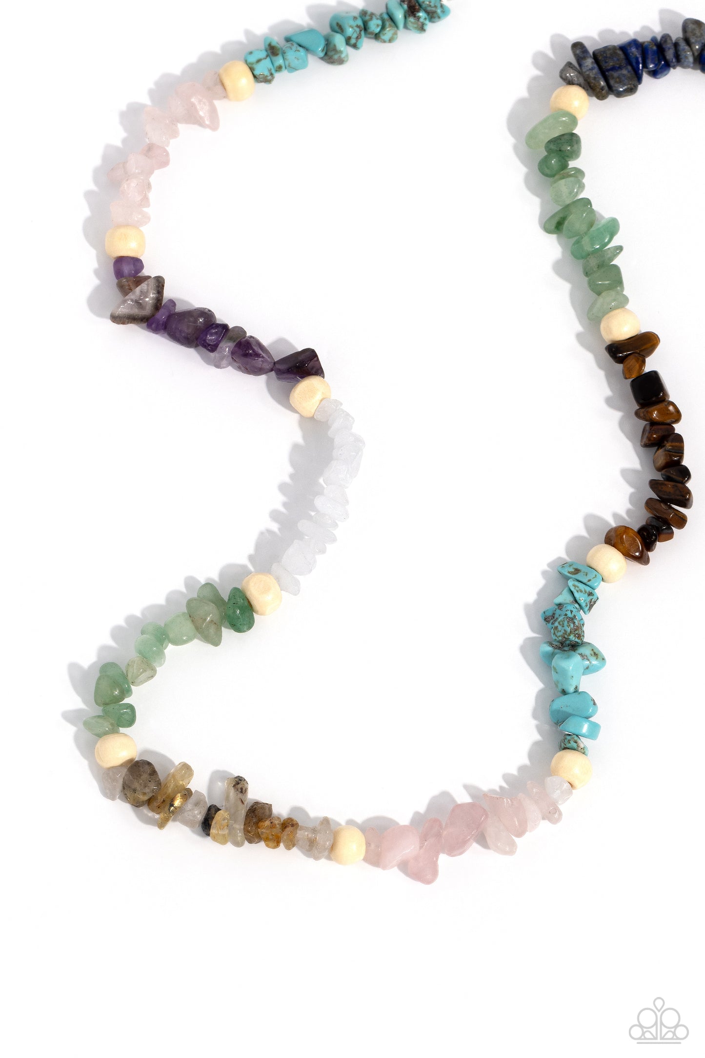 Paparazzi Accessories -Soothing Stones - Multi Necklace infused on an invisible wire, chiseled turquoise, jade, rose quartz, lapis, amethyst, clear white, gray, and tiger's eye stones coalesce around the collar for a colorfully, earthy statement. White wood beads sporadically dot amongst the chiseled collection for an additional artisanal touch. Features an adjustable clasp closure. As the stone elements in this piece are natural, some color variation is normal.