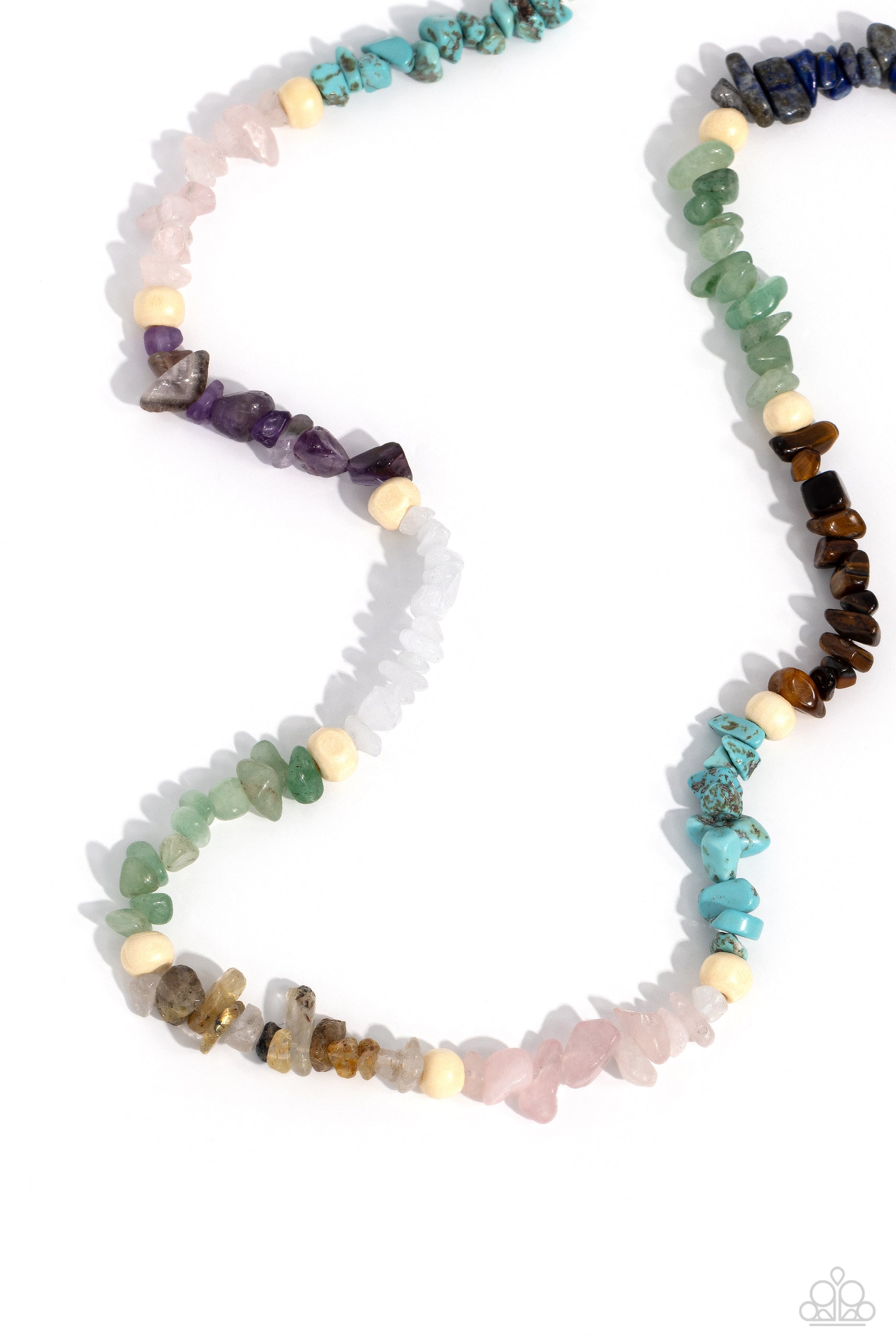 Paparazzi Accessories -Soothing Stones - Multi Necklace infused on an invisible wire, chiseled turquoise, jade, rose quartz, lapis, amethyst, clear white, gray, and tiger's eye stones coalesce around the collar for a colorfully, earthy statement. White wood beads sporadically dot amongst the chiseled collection for an additional artisanal touch. Features an adjustable clasp closure. As the stone elements in this piece are natural, some color variation is normal.