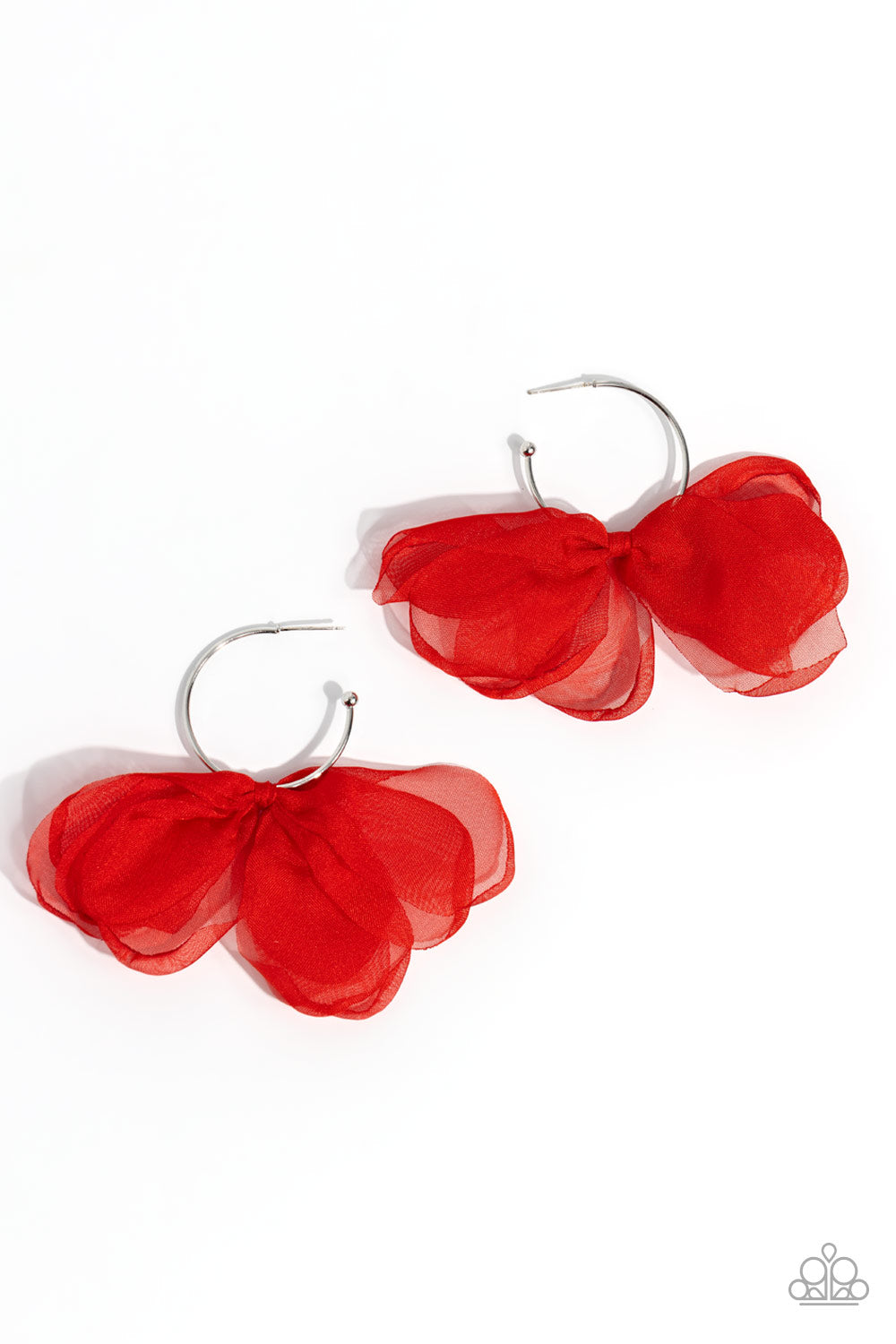 Paparazzi Accessories - Chiffon Class - Red Earrings a small, skinny, shiny silver hoop curves around the ear in a timeless fashion. A shiny silver ball is affixed to the end of the hoop, reminiscent of a barbell fitting. A red chiffon bow slides along the curvature of the hoop, creating a graceful pop of color. Earring attaches to a standard post fitting. Hoop measures approximately 1" in diameter. Sold as one pair of hoop earrings.