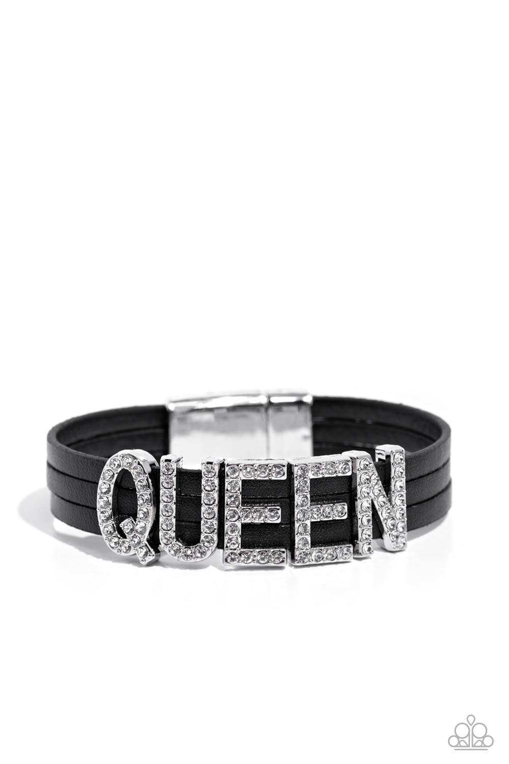 Paparazzi Accessories - Queen of My Life - Black Bracelframfeaturing glistening white rhinestones, silver letter frames forming the word "QUEEN" are threaded along layers of black leather strands around the wrist for a dazzling statement. Features a magnetic closure.  Sold as one individual bracelet.