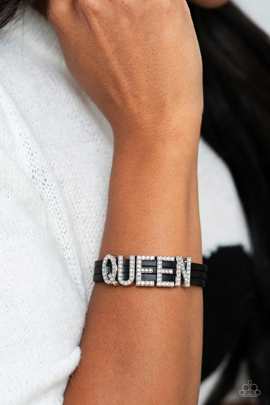 Paparazzi Accessories - Queen of My Life - Black Bracelframfeaturing glistening white rhinestones, silver letter frames forming the word "QUEEN" are threaded along layers of black leather strands around the wrist for a dazzling statement. Features a magnetic closure.  Sold as one individual bracelet.