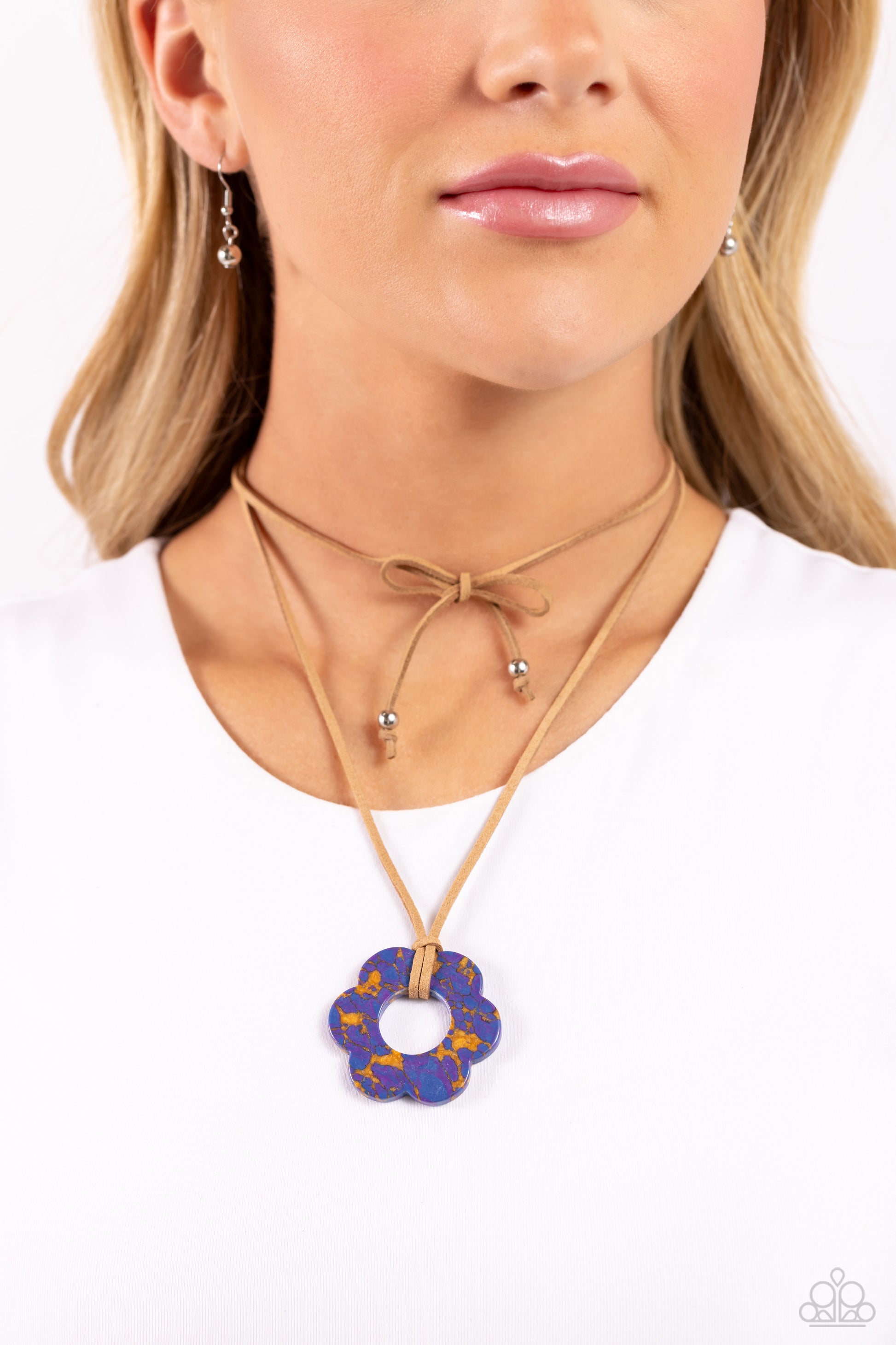 Paparazzi Accessories - Tied Triumph - Multi Necklace featuring purple and brown marbling, an airy blue flower is knotted at the bottom of a lengthened strand of brown suede for a southwestern-inspired statement. Features an adjustable tie closure.  Sold as one individual necklace. Includes one pair of matching earrings.