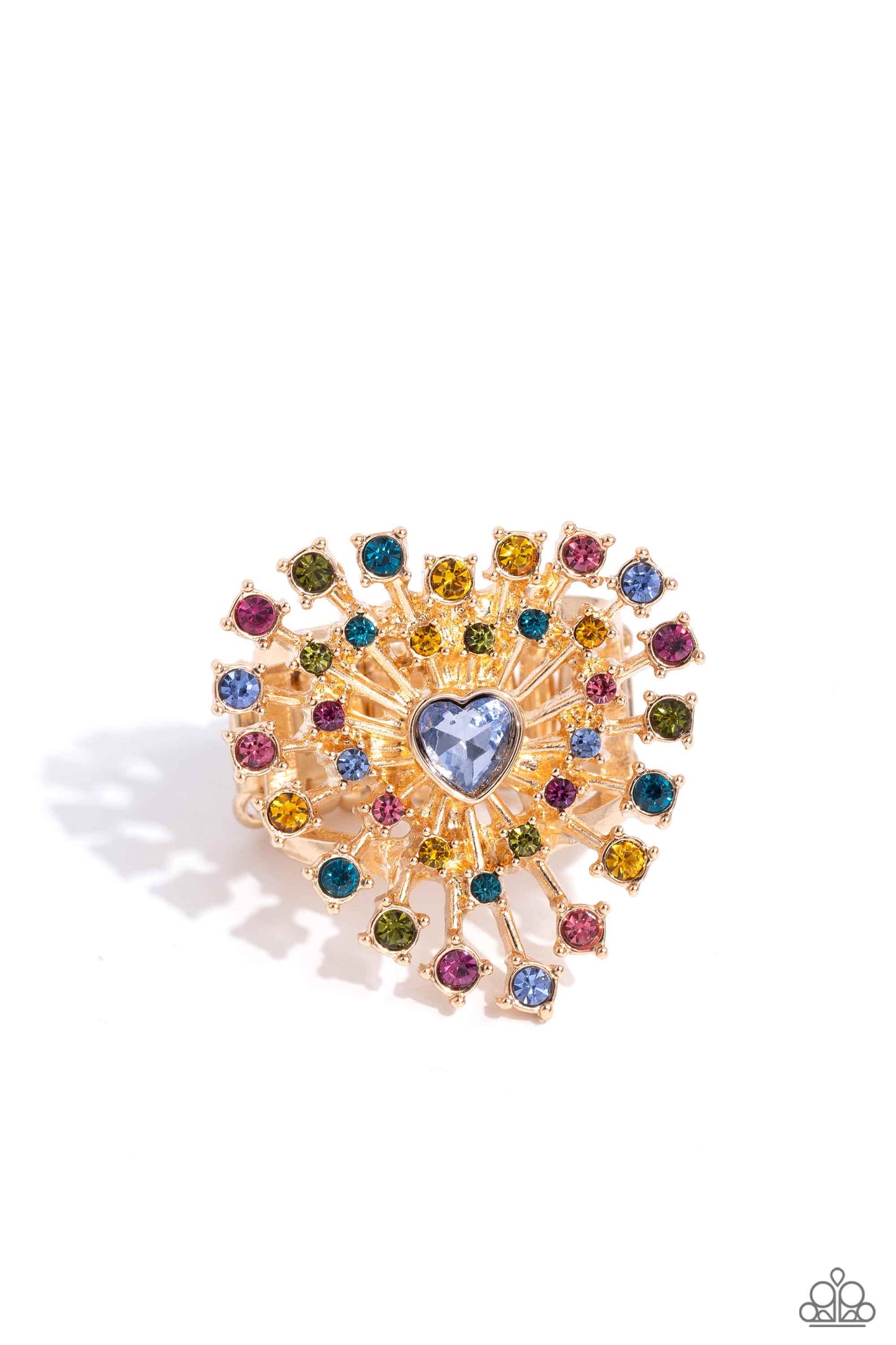 Paparazzi Accessories - Bewitching Beau - January 2024 Life of the Party - Multi Ring set in pronged gold square fittings, multicolored round rhinestones circle a light sapphire heart gem in a sunburst pattern for a bewitching display. Features a stretchy band for a flexible fit. Sold as one individual ring.