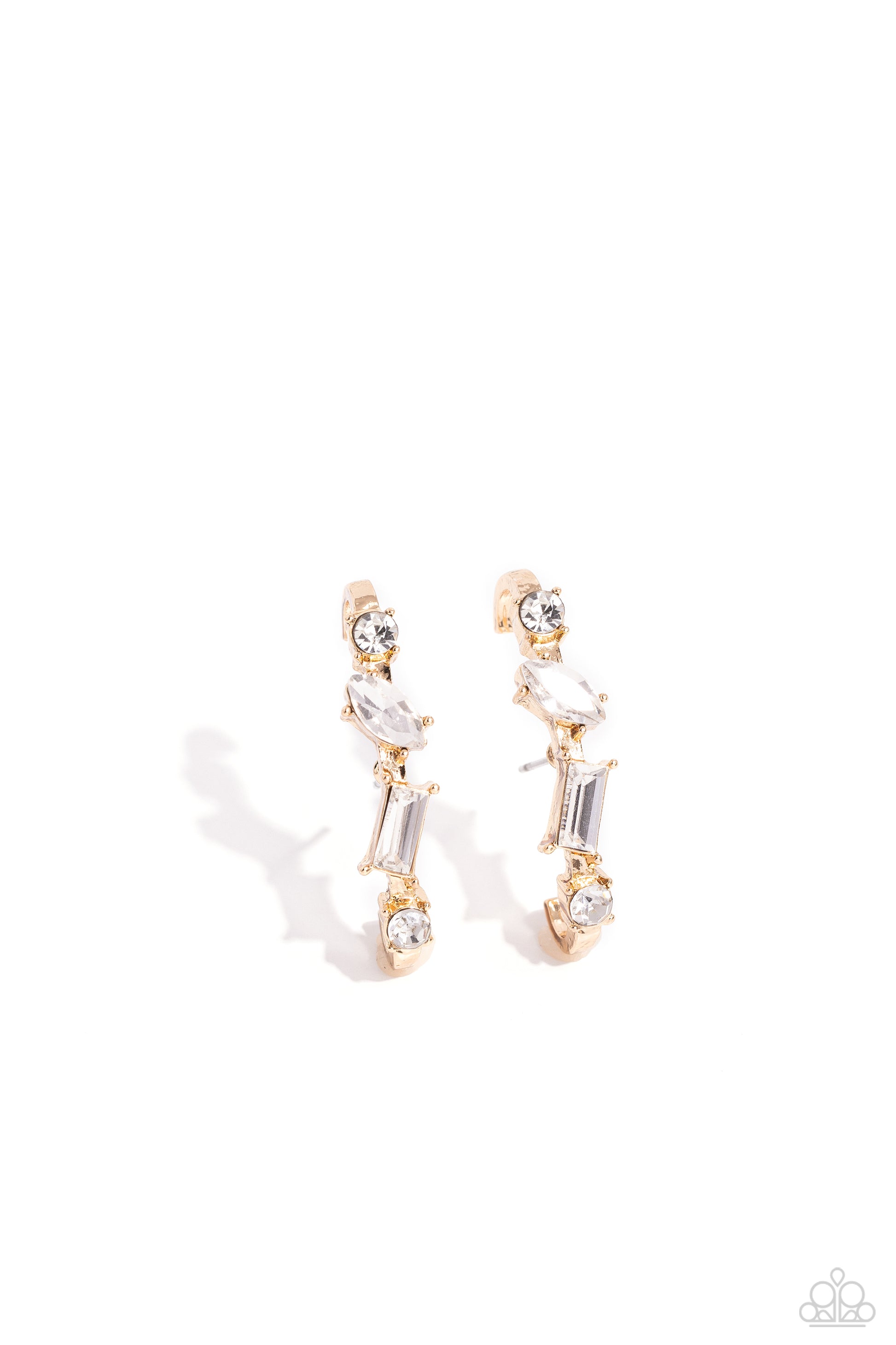 Paparazzi Accessories - Sliding Shimmer - Gold Earrings a glassy collection of white round, marquise-cut, and emerald-cut rhinestones and gems are pronged in place along a curved gold bar. Features a sleek surface for sliding ability to desired position on the ear. Due to its structure, adjusting capability is limited.  Sold as one pair of illusion post earrings.