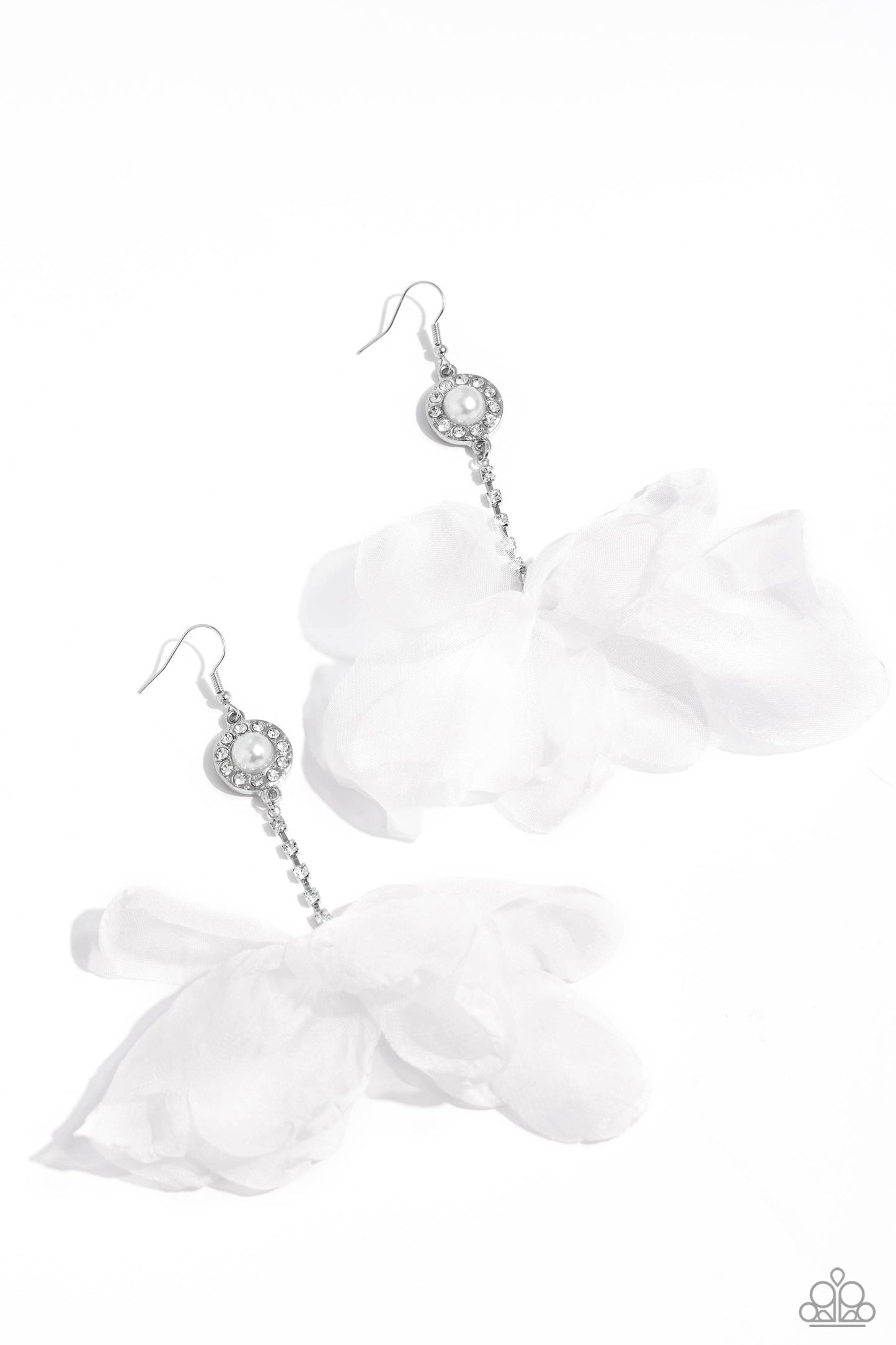 Paparazzi Accessories - Seriously Sheer - White Earrings a sheer, white chiffon bow is tied to the bottom of a rhinestone-encrusted silver square-fitting rod that is attached to a dainty white rhinestone-encrusted pearly pendant for a refined finish. Earring attaches to a standard fishhook fitting. Sold as one pair of earrings.